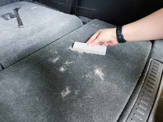 using a pumice stone to pick up pet hair in car