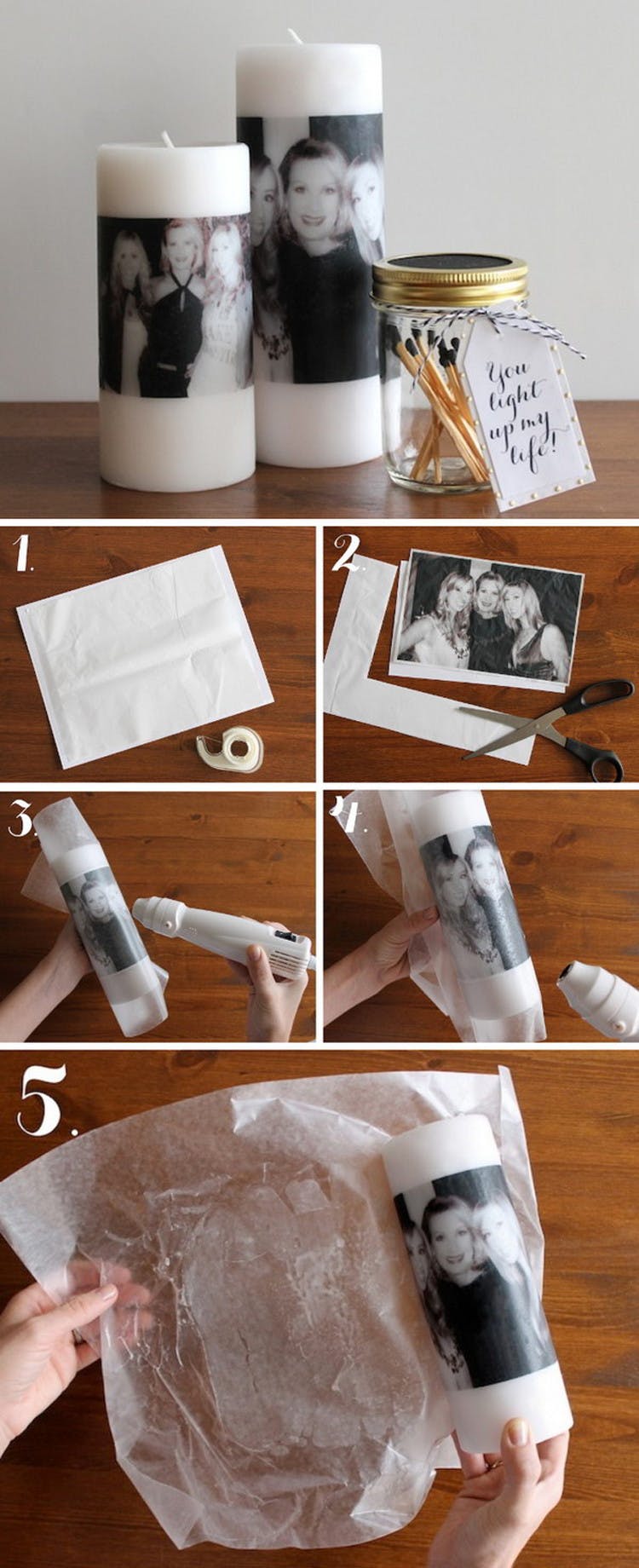 Transfer photos printed on tissue paper to a candle.