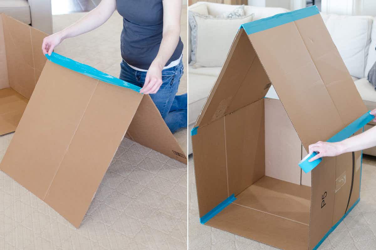 A prson taping sides of a cardboard box.