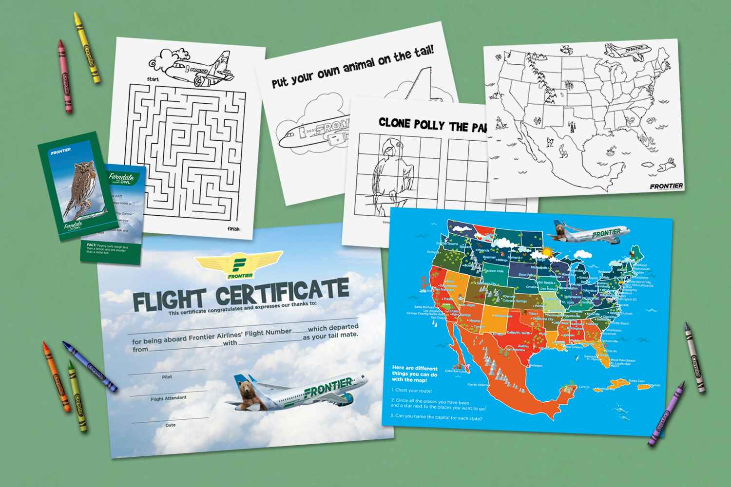 frontier kids flight certificate, collector cards, map, and printables