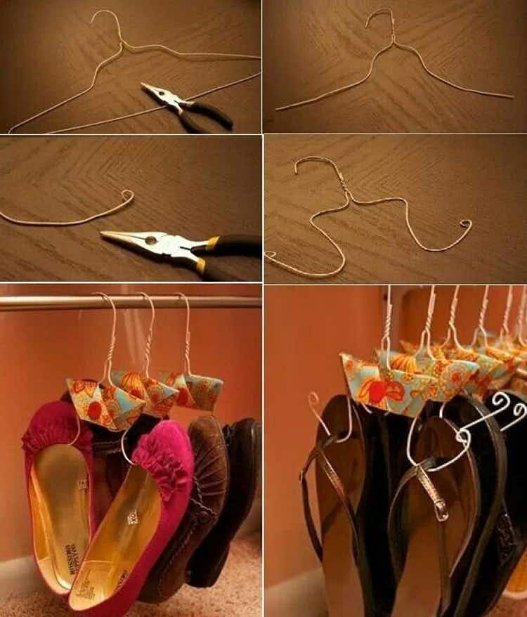 Turn a wire hanger into a shoe hanger.