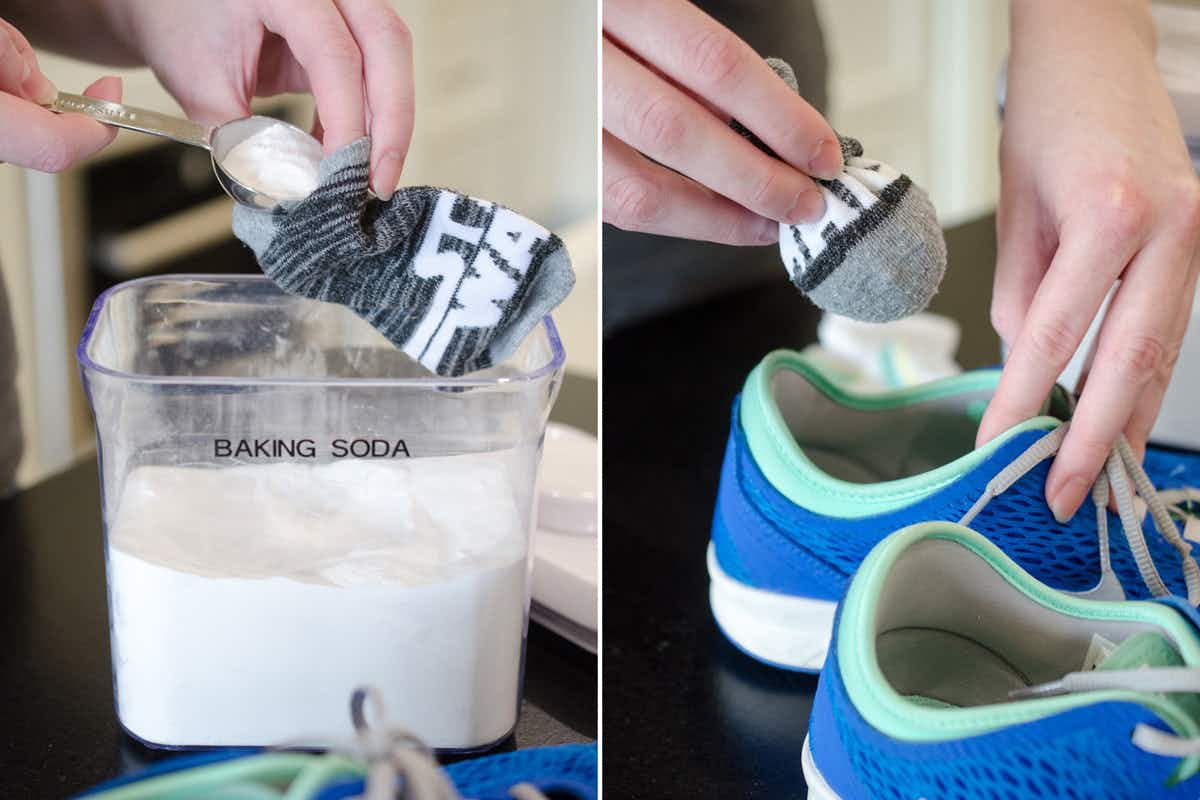 A person putting baking soda in a sock and then in a shoe.