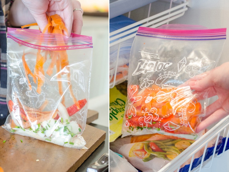 a person putting veggie shreds into a plastic bag