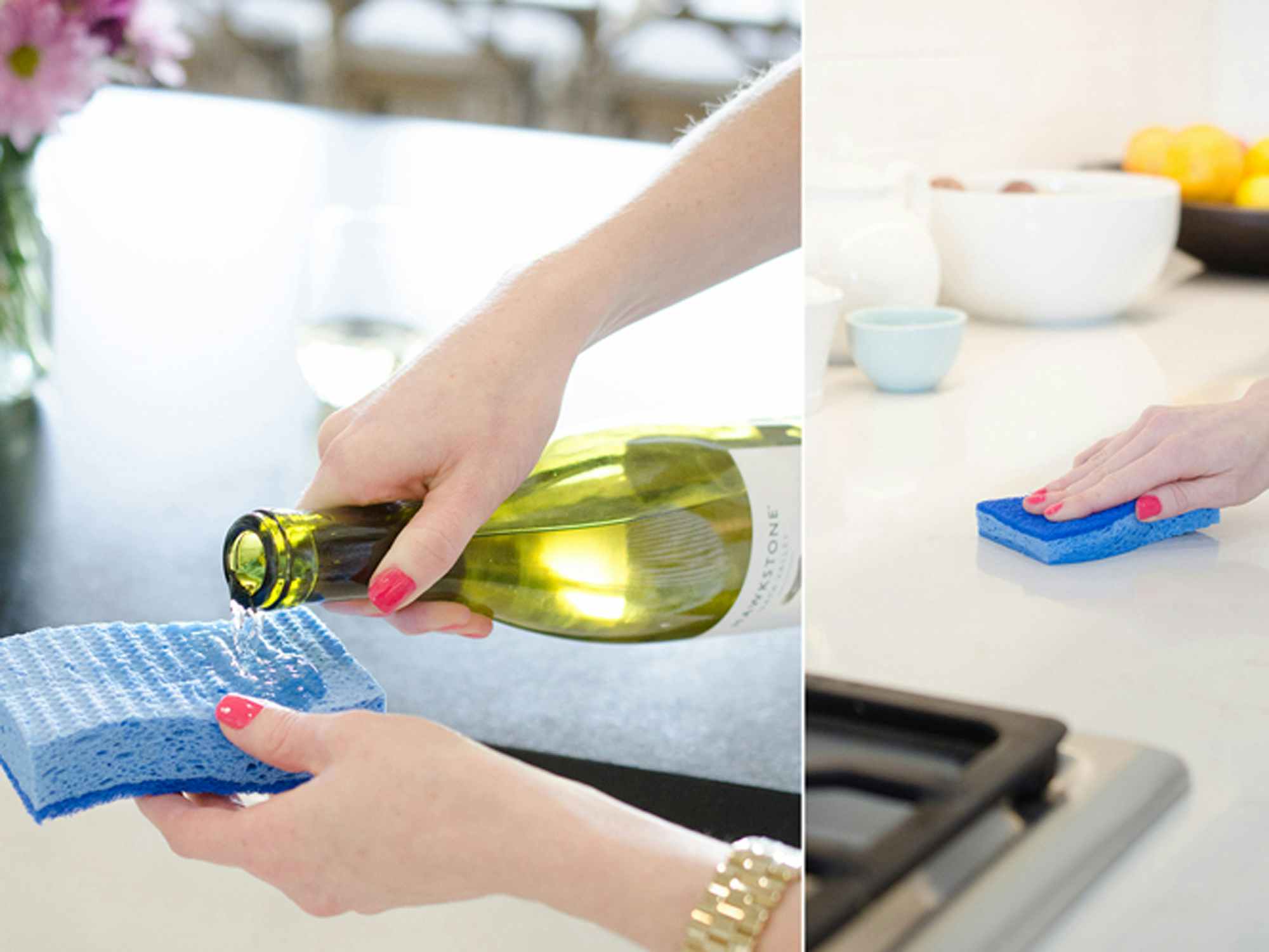 a person disinfecting their kitchen with white wine