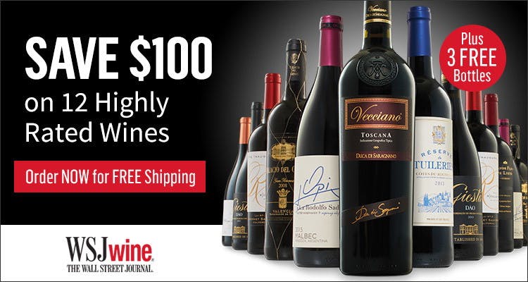 homepage for WSJ wines showing offer for $100 off and free ship