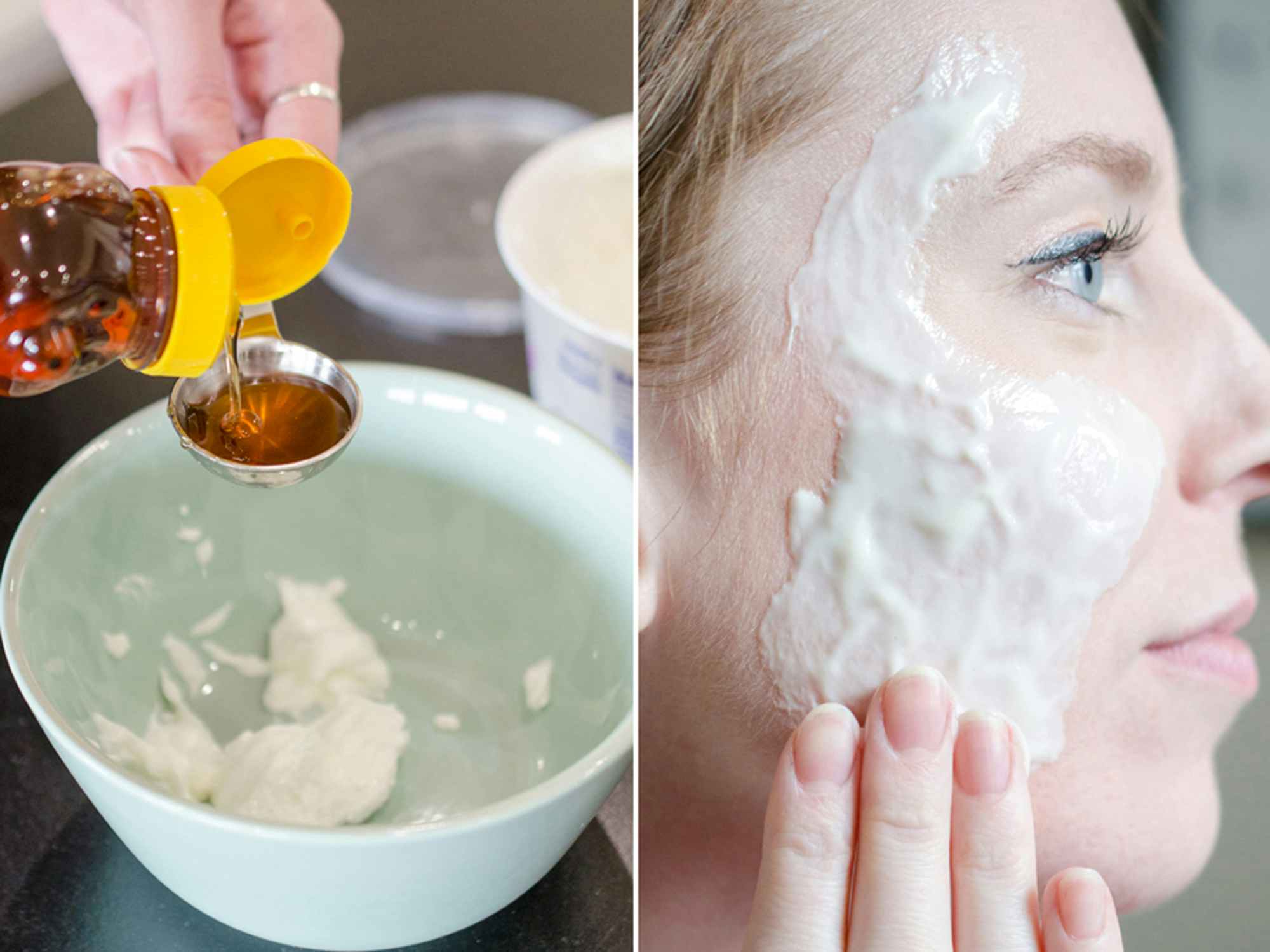 a person creating a face mask out of yogurt then applying it