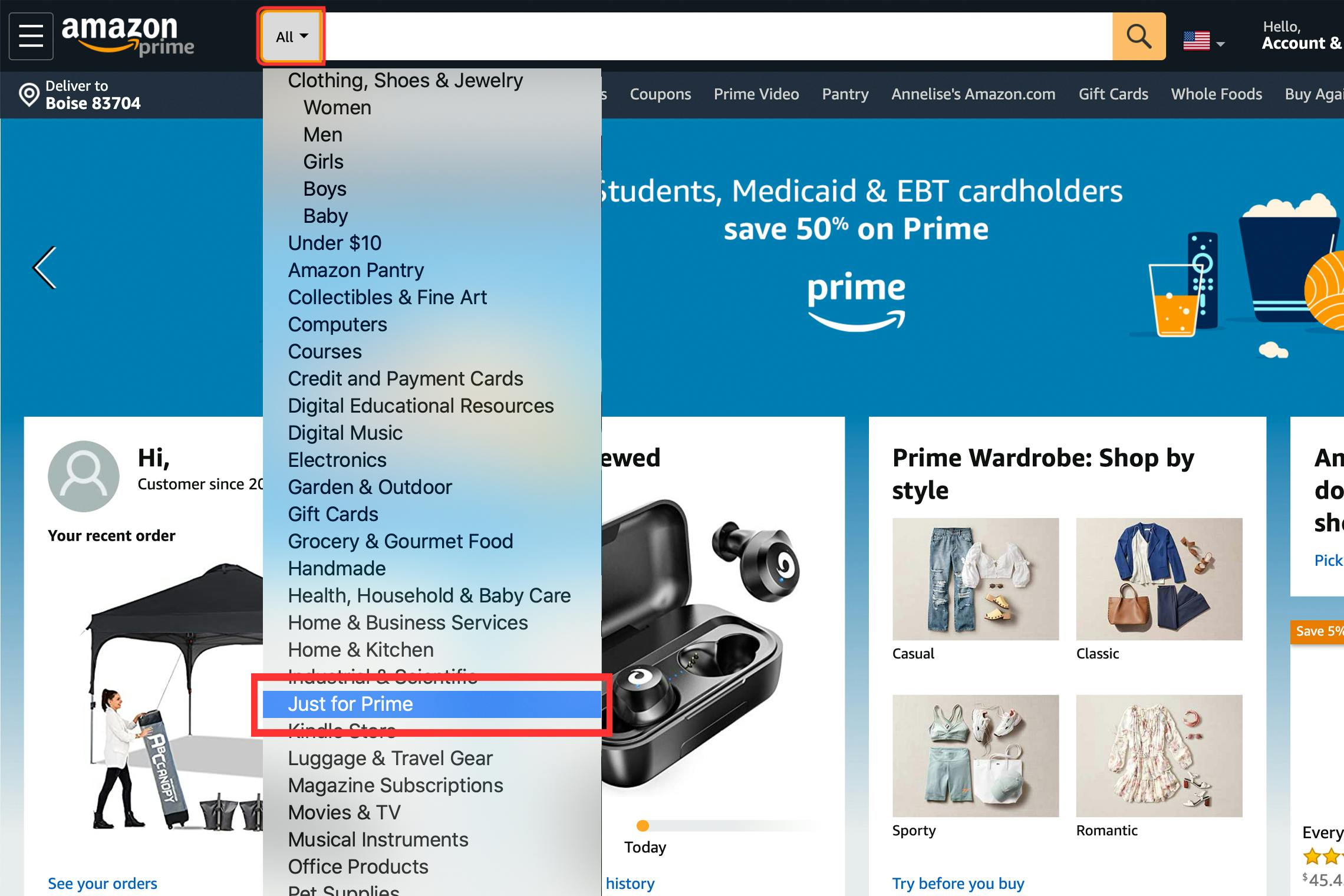 A screenshot of the Amazon home page with a drop down menu, highlighting the Just for Prime option.