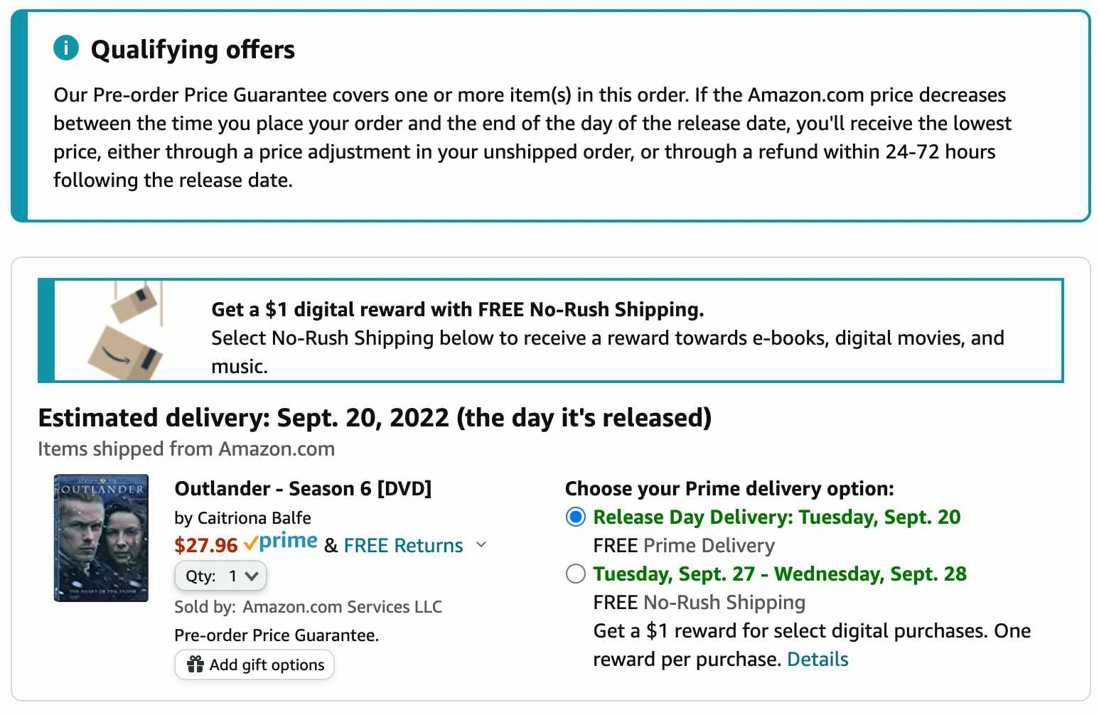 A screenshot of a DVD of Outlander season 6 being preordered on Amazon with a delivery date estimated to be the date of release: September 20, 2022