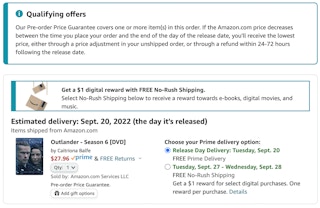 A screenshot of a DVD of Outlander season 6 being preordered on Amazon with a delivery date estimated to be the date of release: September 20, 2022
