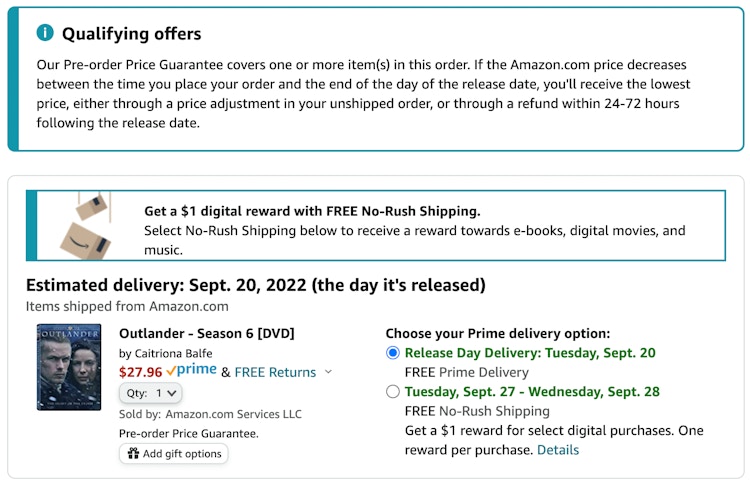 A screenshot of a DVD of Outlander season 6 being preordered on Amazon with a delivery date estimated to be the date of release: September 20, 2022