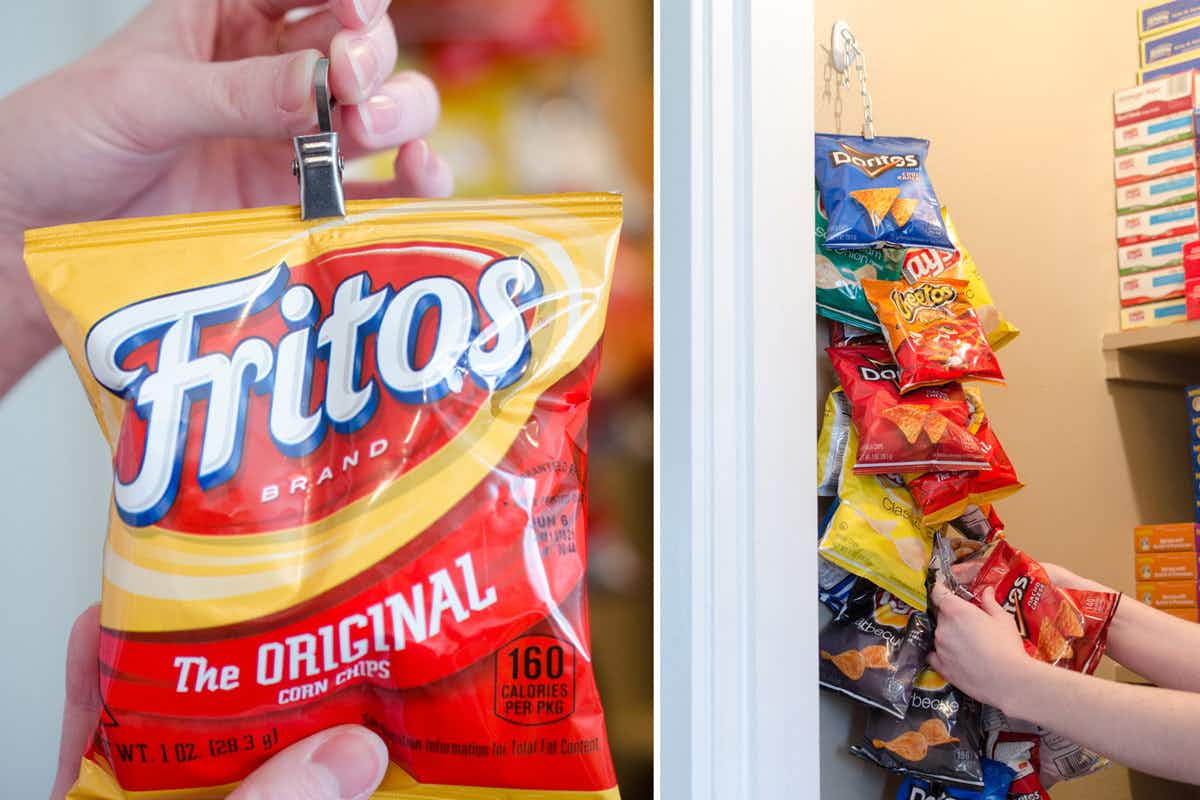 Use a chain and curtain clips to store chips and snacks.
