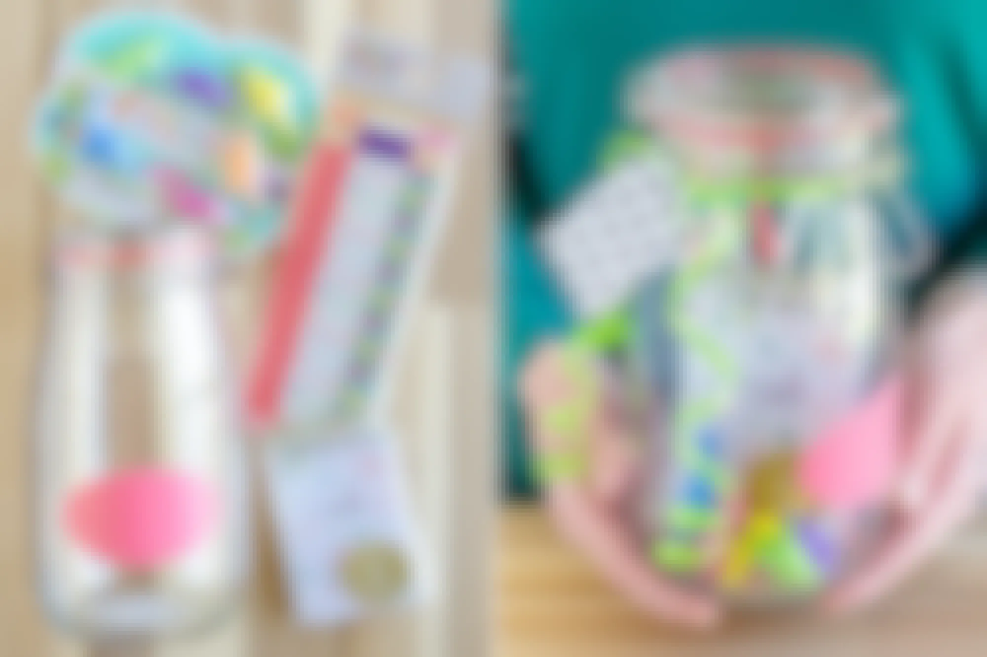 Two images; one with a jar and pencils, small notepad and dinosaur erasers, the second image has a person holding the jar with all of the items inside with a ribbon tied around the top of the jar with a tag.