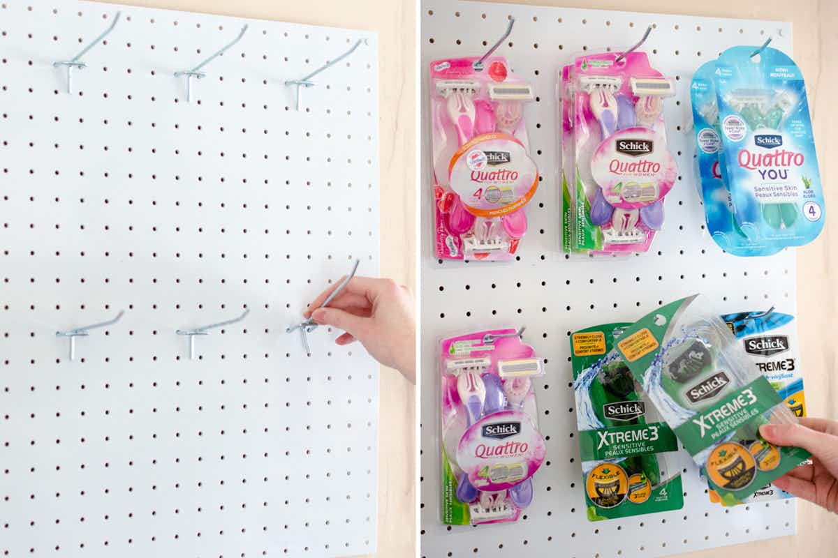 Use a pegboard and hooks to hang products.