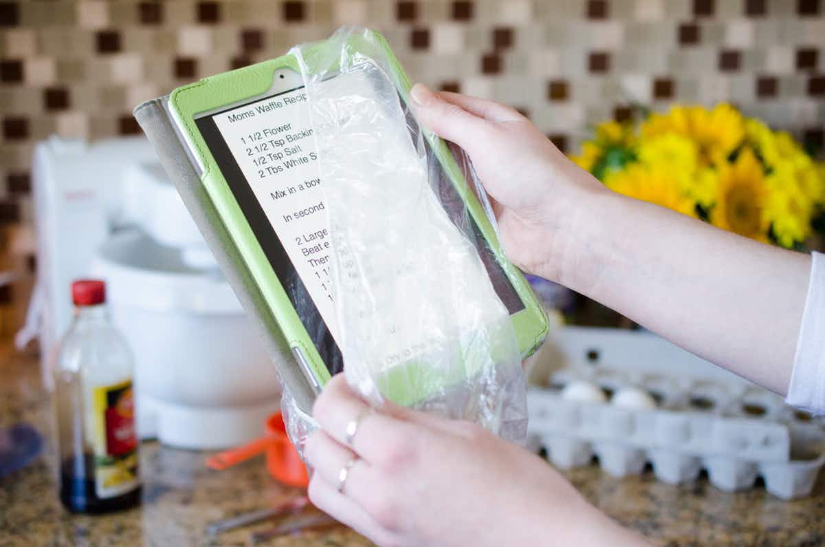 Protect a tablet from getting messy while cooking.