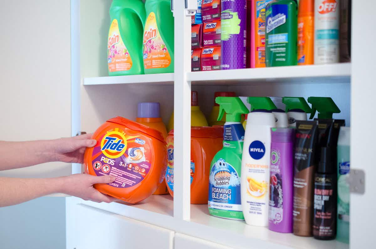 Stockpile of products in a cupboard.