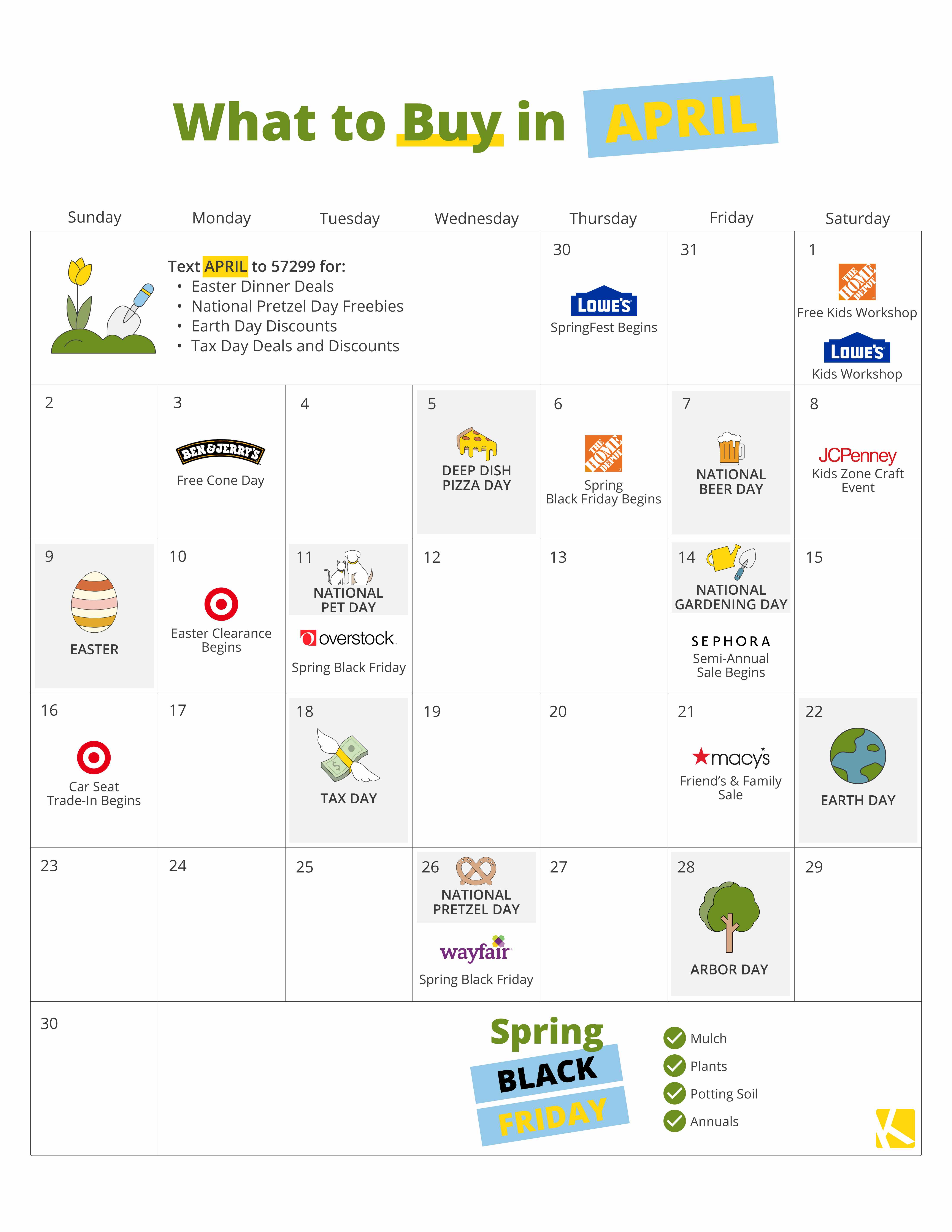 A calendar showing when to buy certain things in April