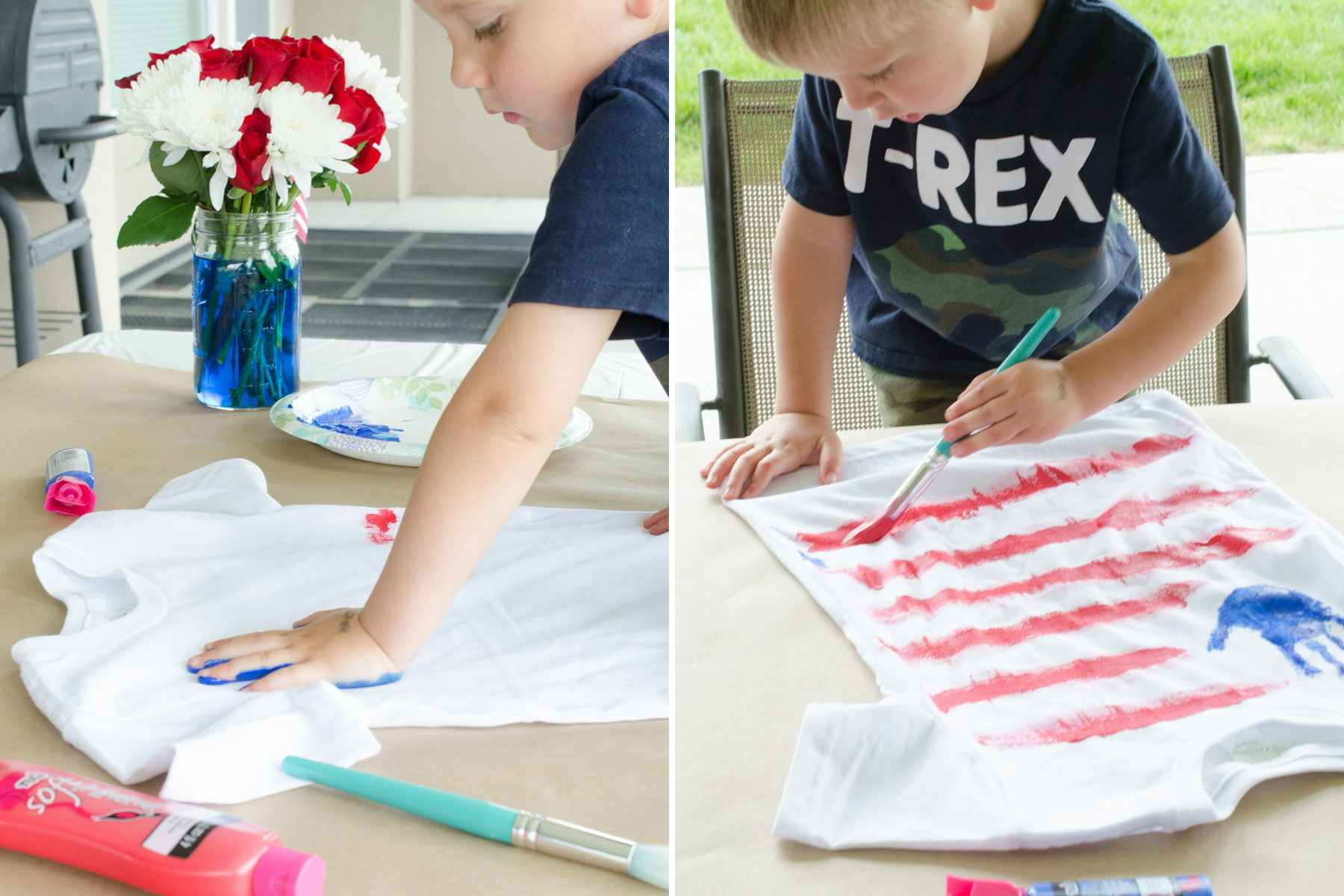 A boy placing his painted hand on a white shirt to create an American flag design