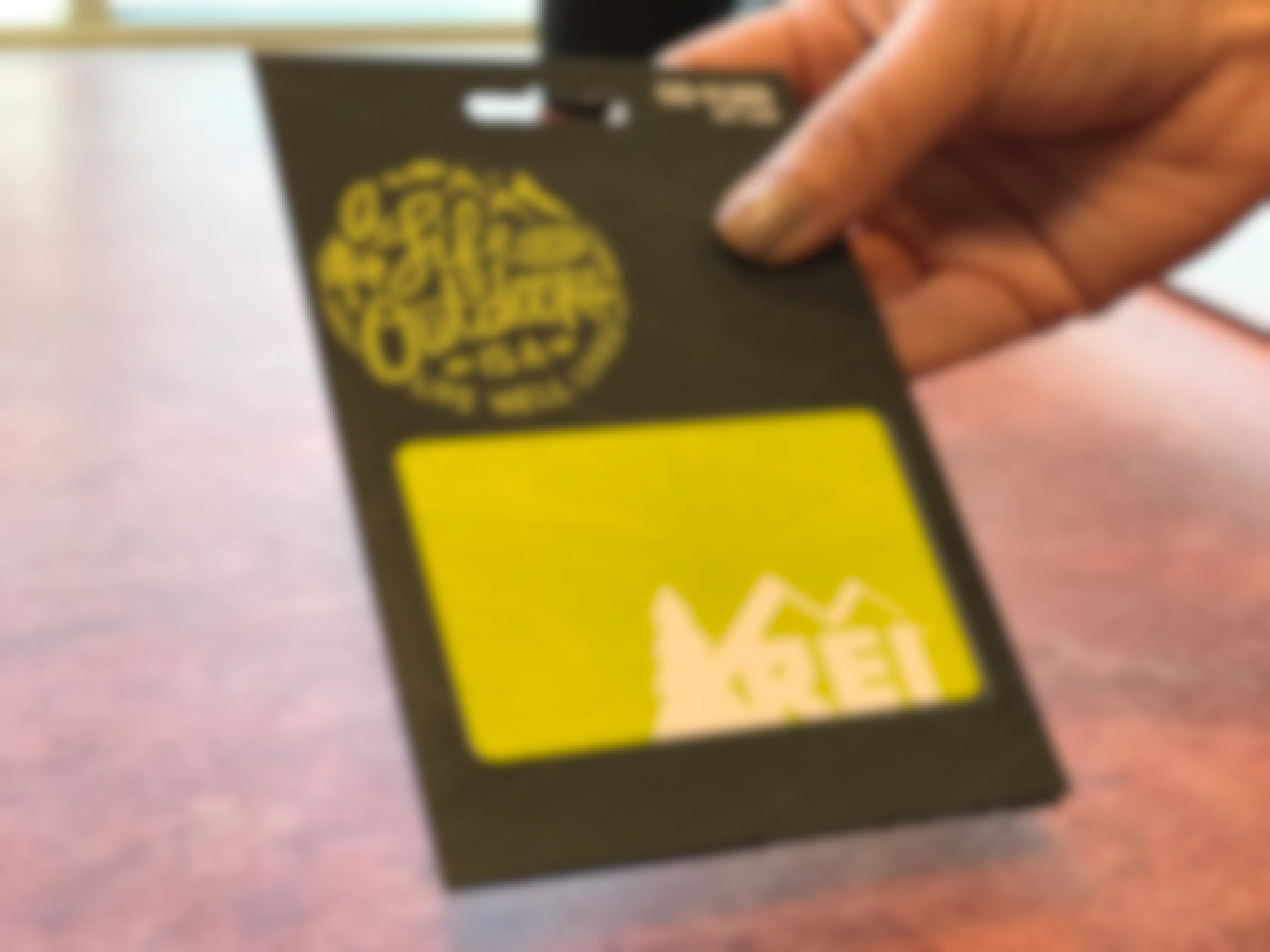 earn free gift cards - A person holding an REI gift card.