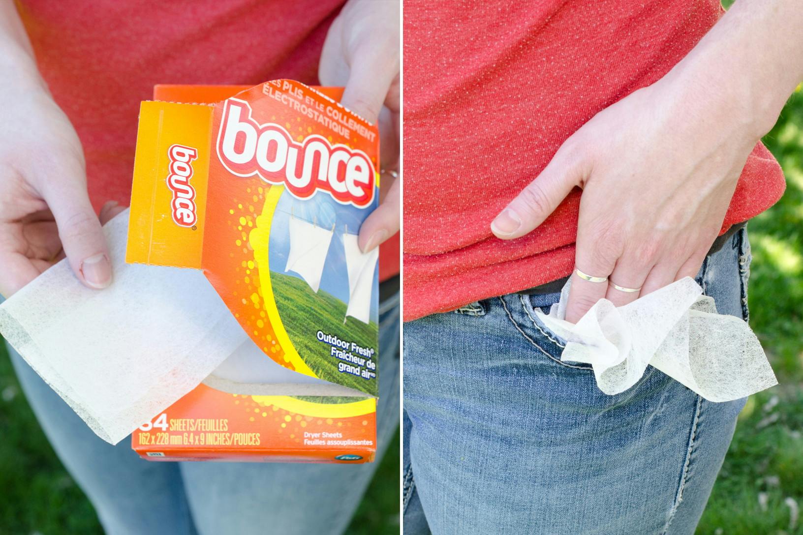Someone pulling out Bounce dryer sheets and sticking them in her pocket as insect repellent.