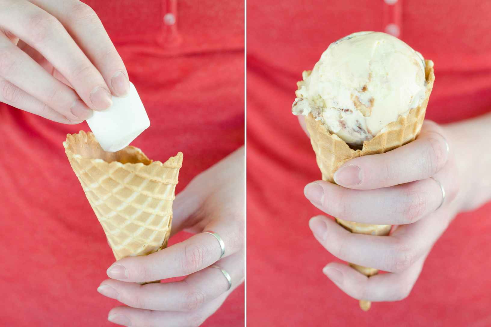 Person placing a marshmallow in a waffle cone to stop ice cream from leaking.