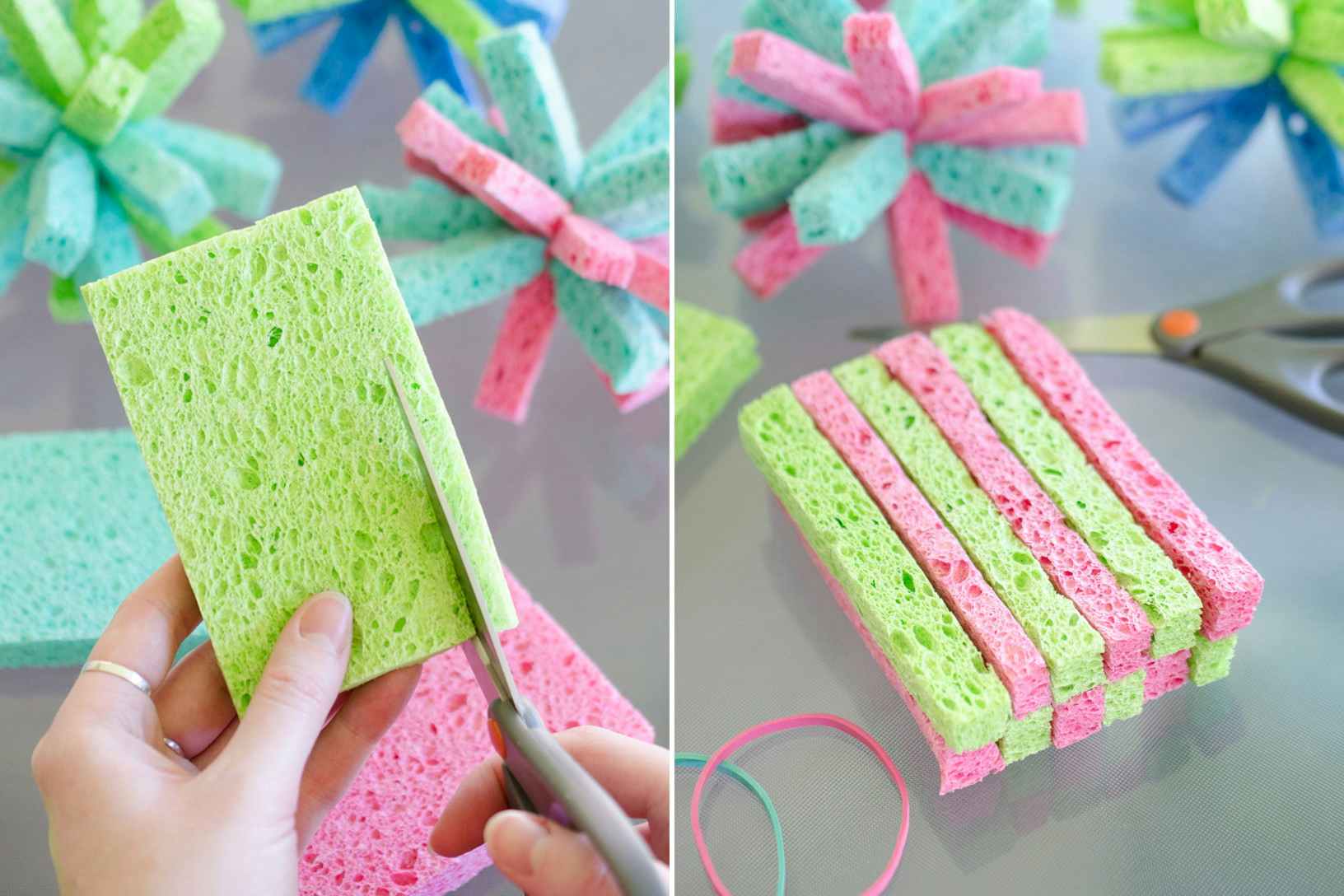 A person using scissors to cut colorful sponges into strips and stacking them with alternating colors on a table next to some completed DIY sponge balls.