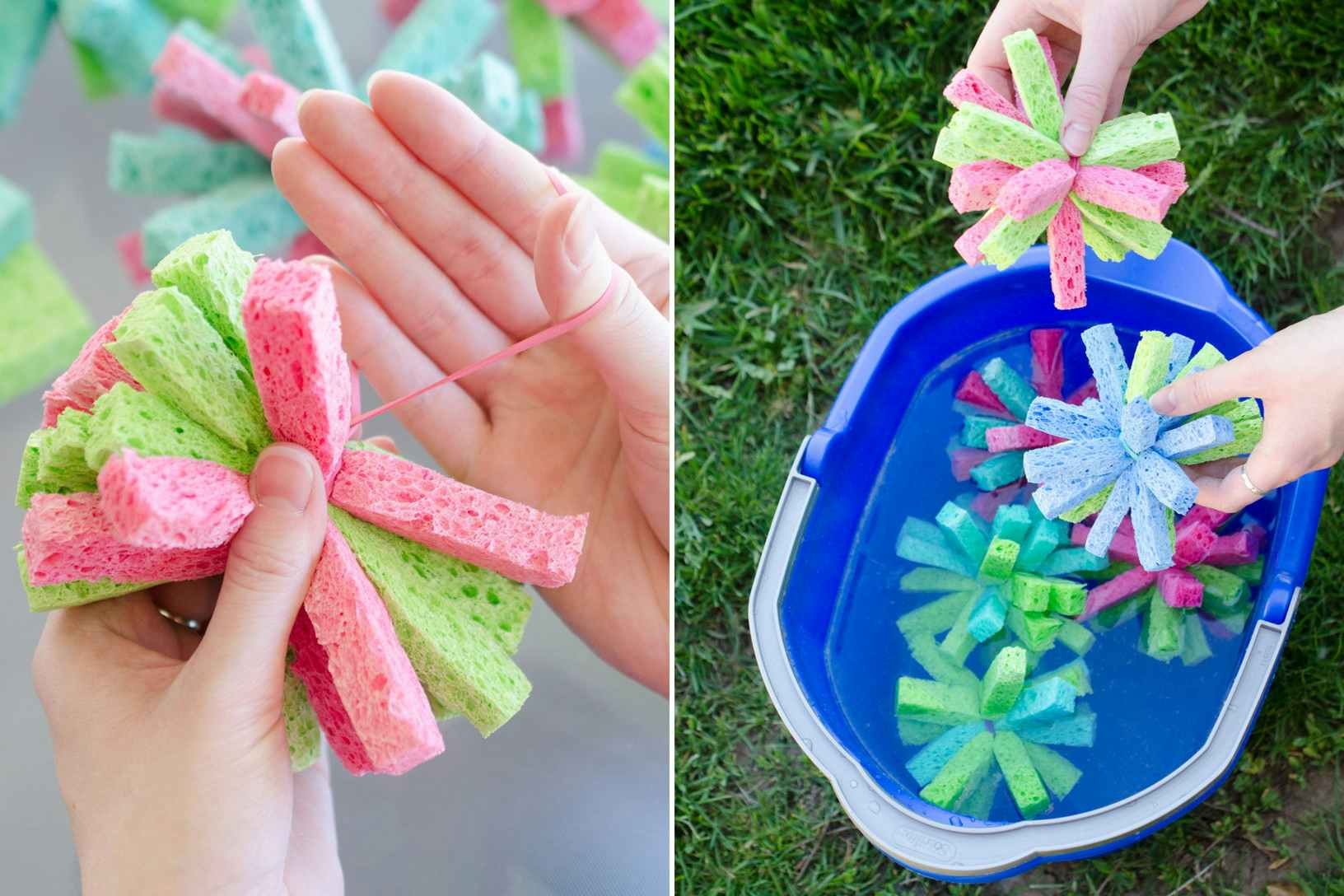 A person's hands using a rubber band to tie sponge strips together to form a sponge ball, and someone putting some sponge balls into a bucket of water sitting out on the grass with other sponge balls already soaking.