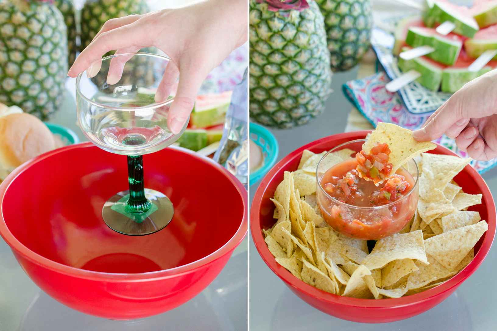 Use a wine glass for a DIY chips and dip bowl.