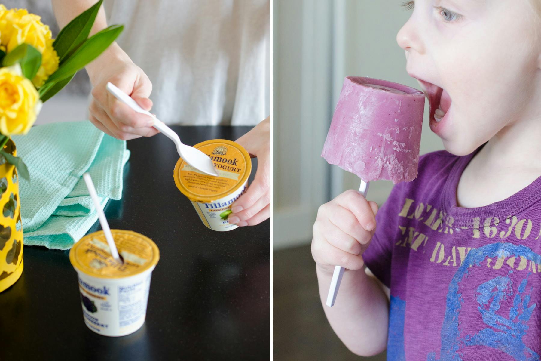Someone sticking plastic spoons in a cups of yogurt and a boy eating the frozen yogurt.