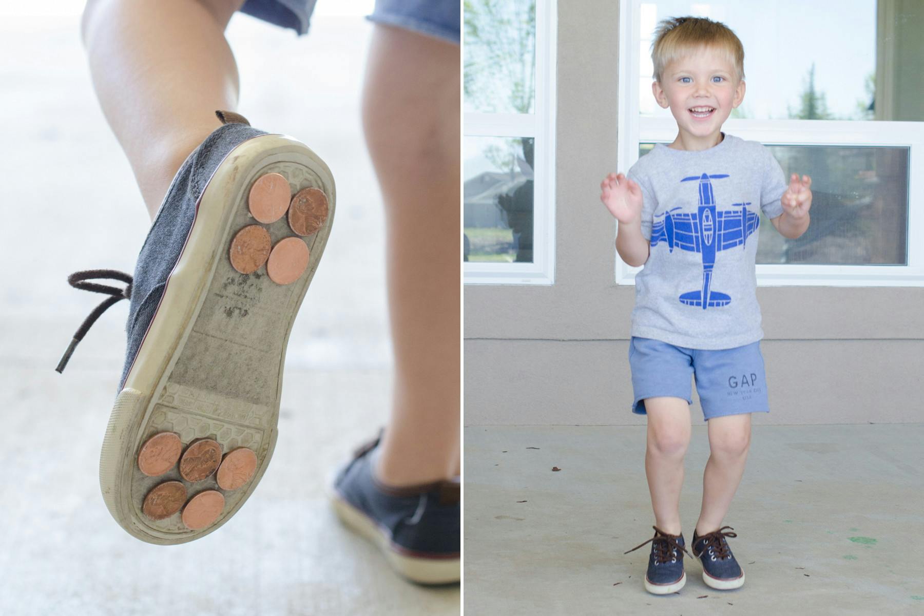 Pennies that have been stuck to the bottom of a kids shoe and a boy tapping with the shoes on.