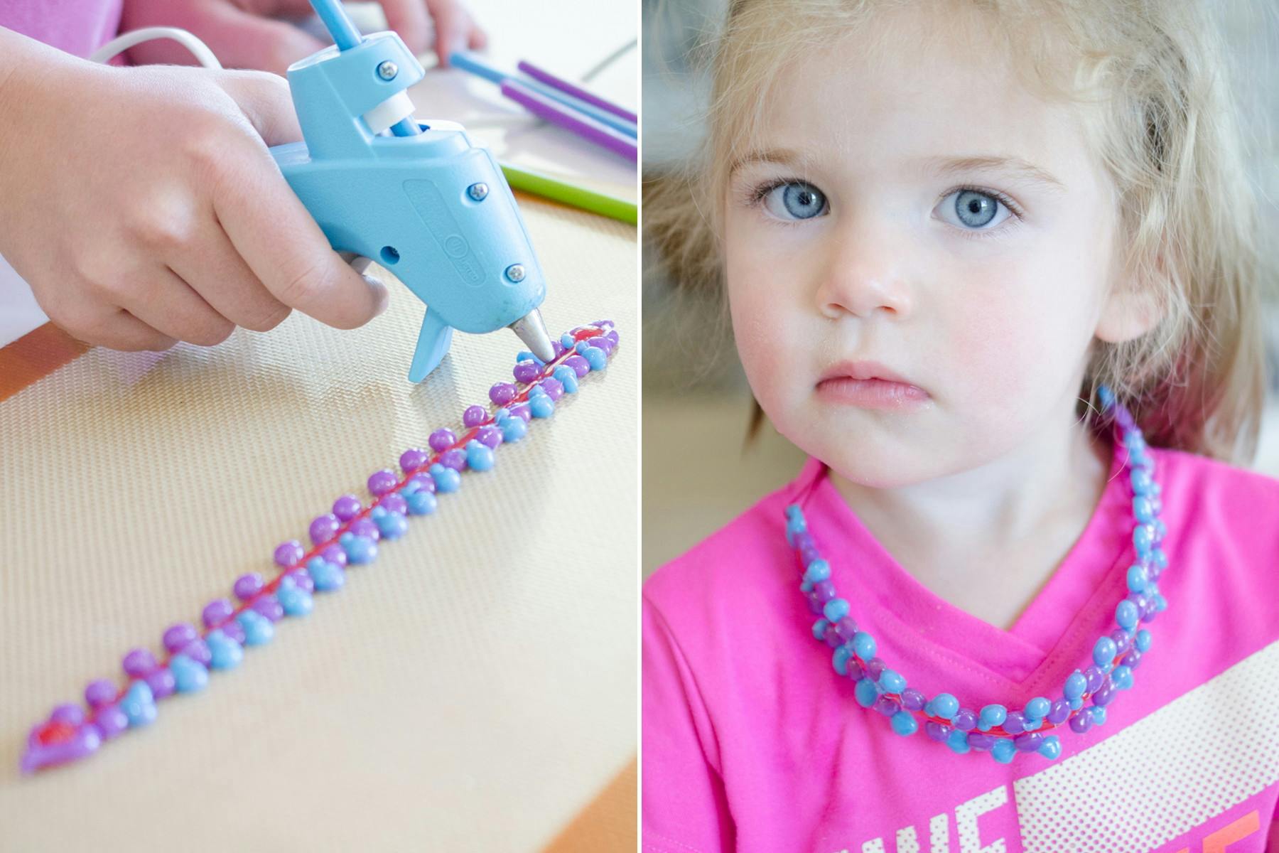 Someone using colored hot glue to create jewelry and a little girl wearing a hot-glue necklace.