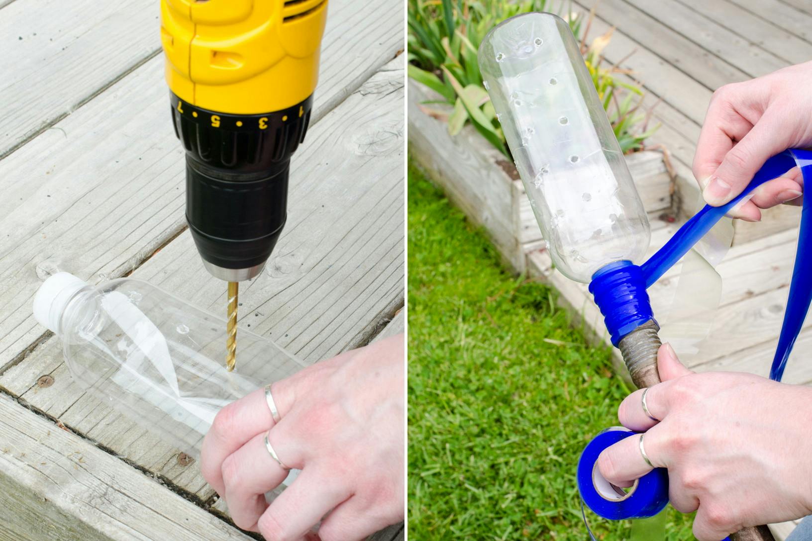 Someone drilling holes in an empty water bottle, then using waterproof tape to attach to a hose.