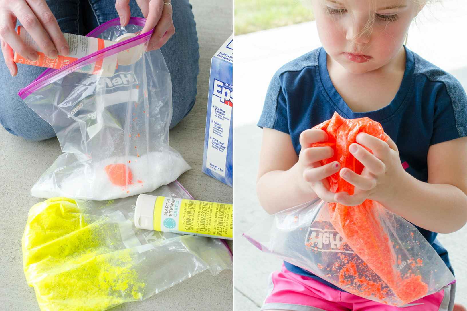 A little girl playing with colorful sand and someone putting paint into a ziploc bag with epsom salt.