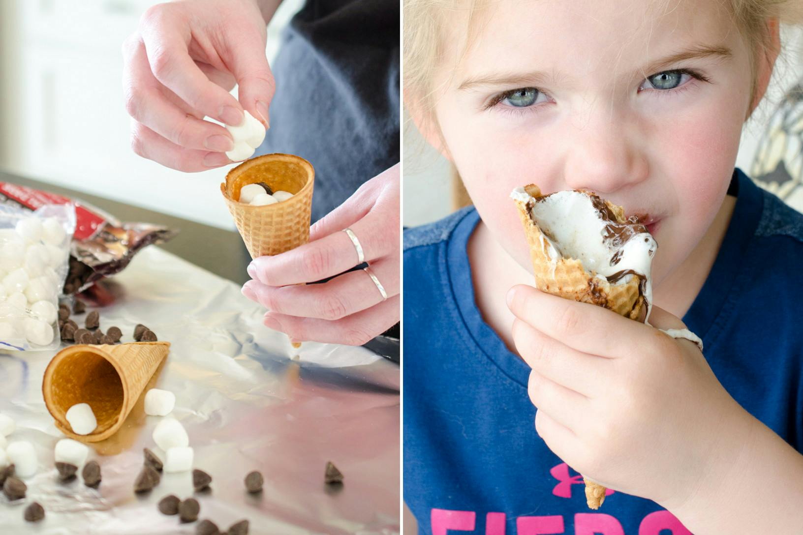 marshmallows being put into a sugar cone with chocolate chips and a girl eating a messy cone
