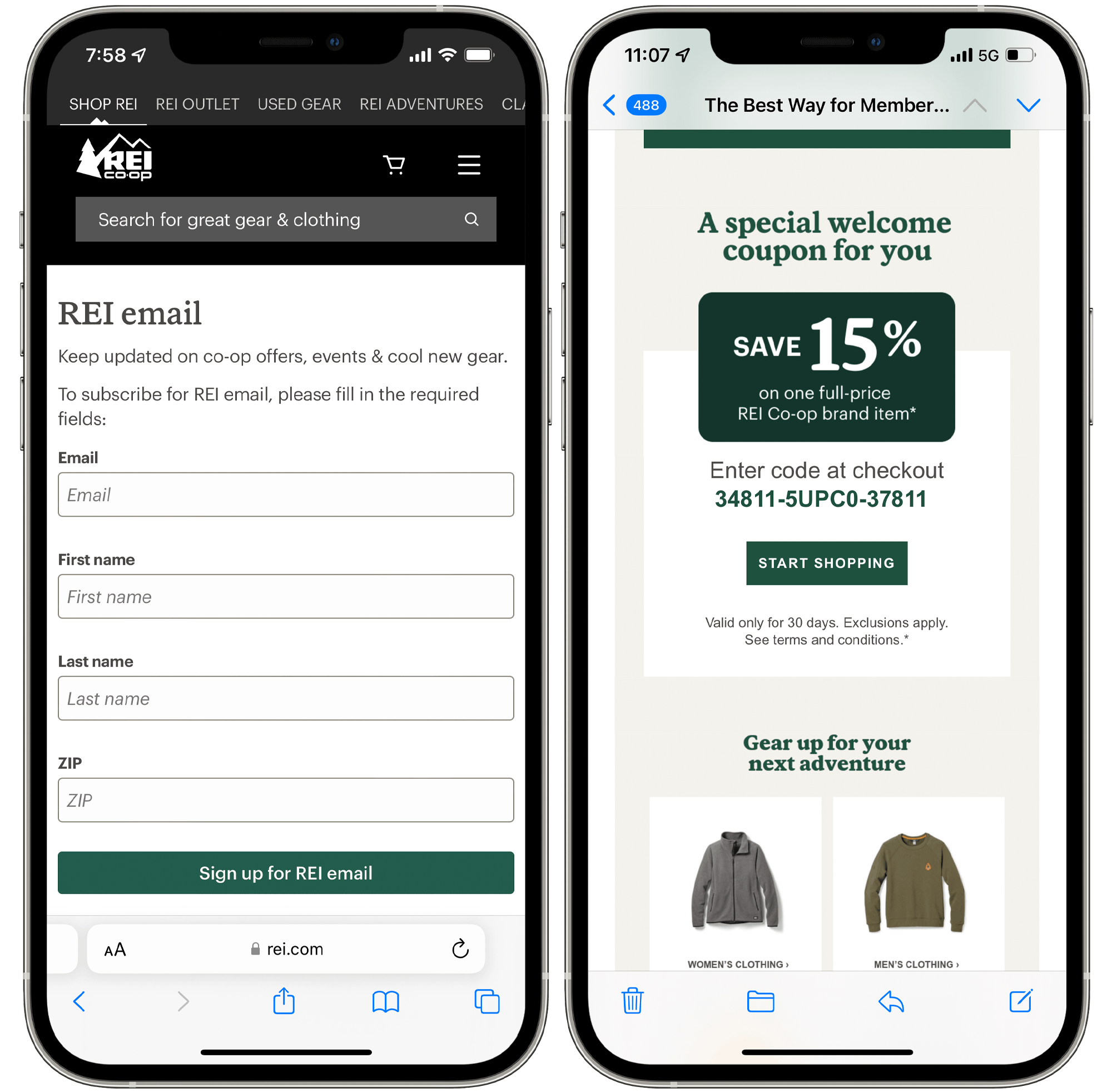 A graphic of two iPhones displaying the REI website's email sign up form and a welcome email from REI with a coupon.