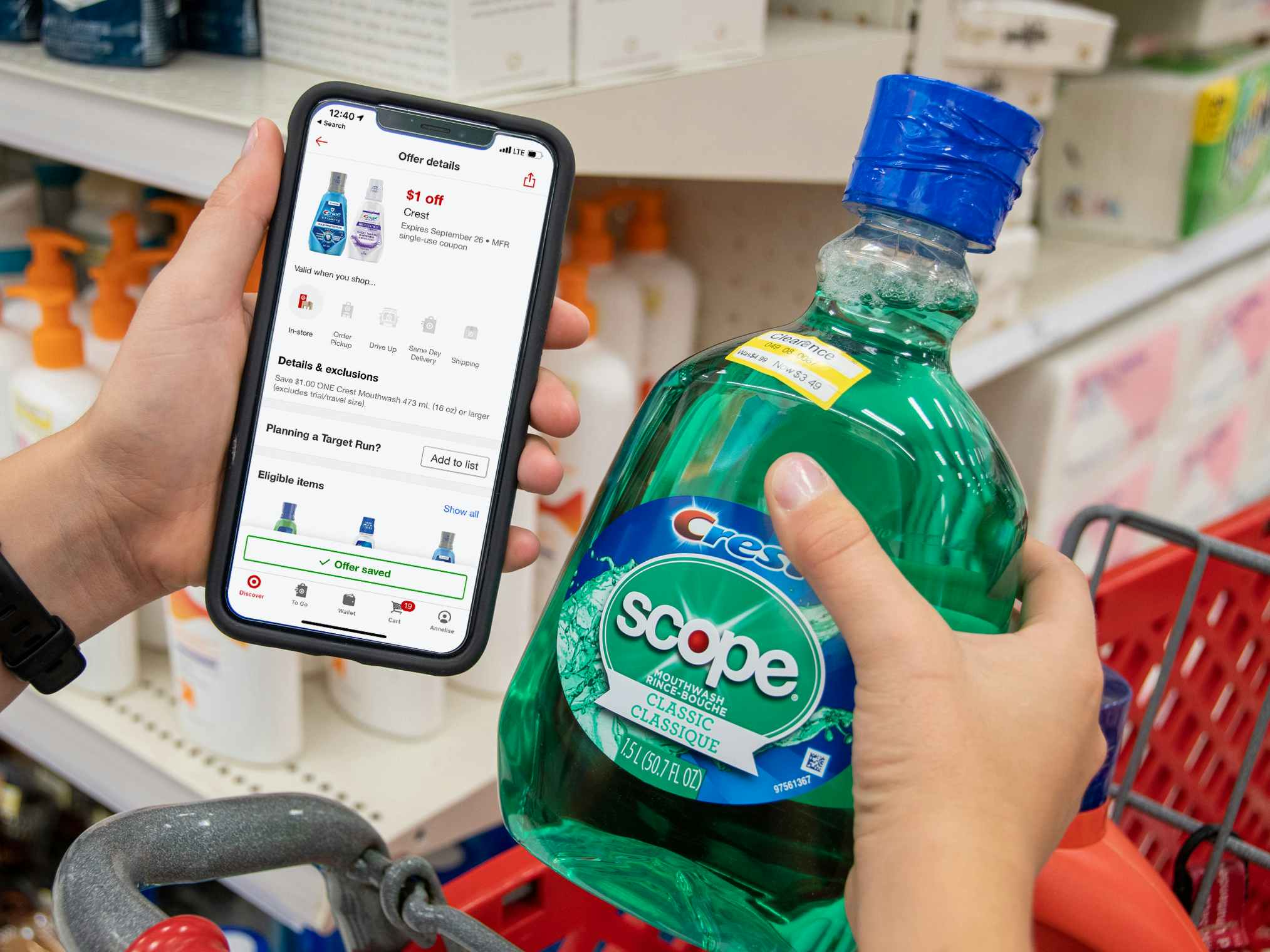 Target circle app with coupon next to Scope mouthwash with a clearance sticker