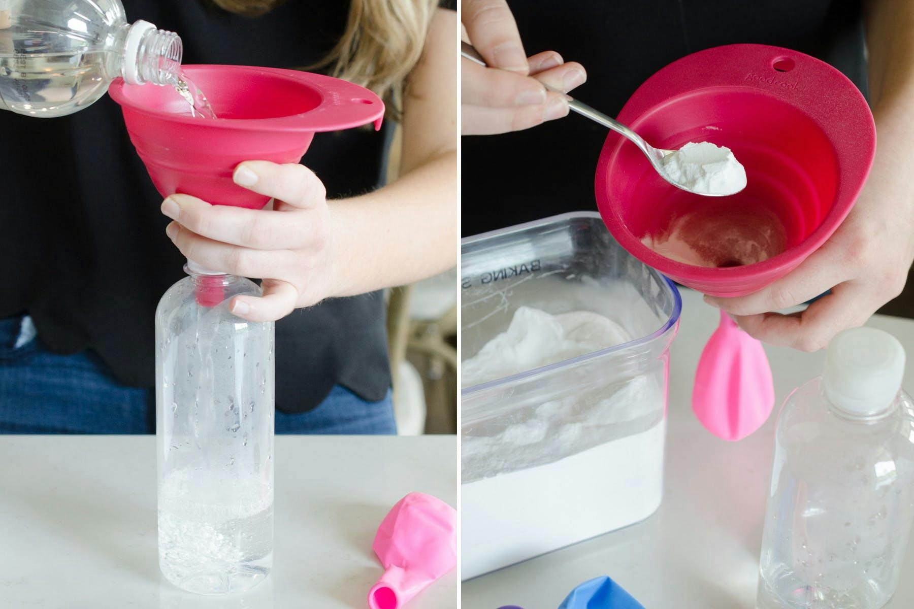 Someone filling a plastic bottle with vinegar and a balloon with baking soda
