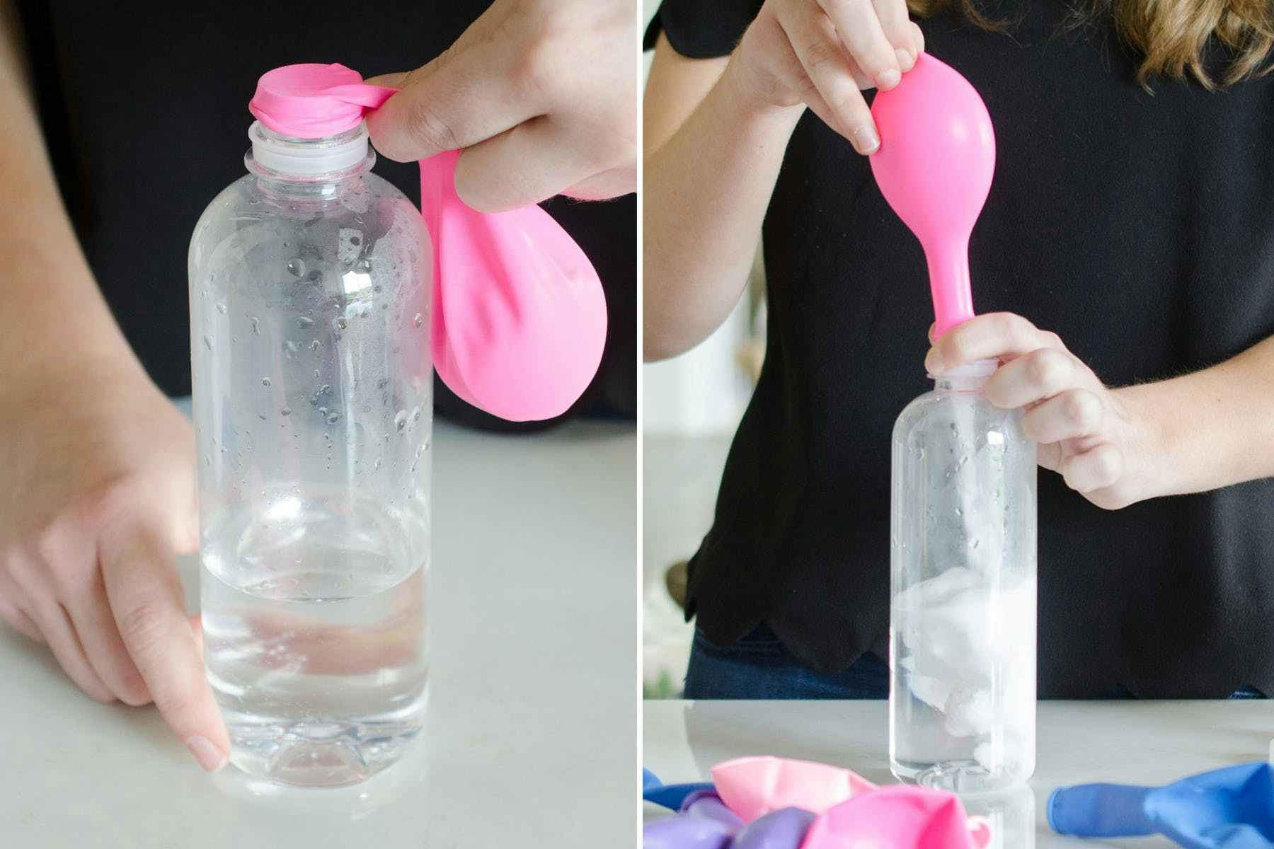 Someone lifting a balloon full of baking soda over a bottle with vinegar in it