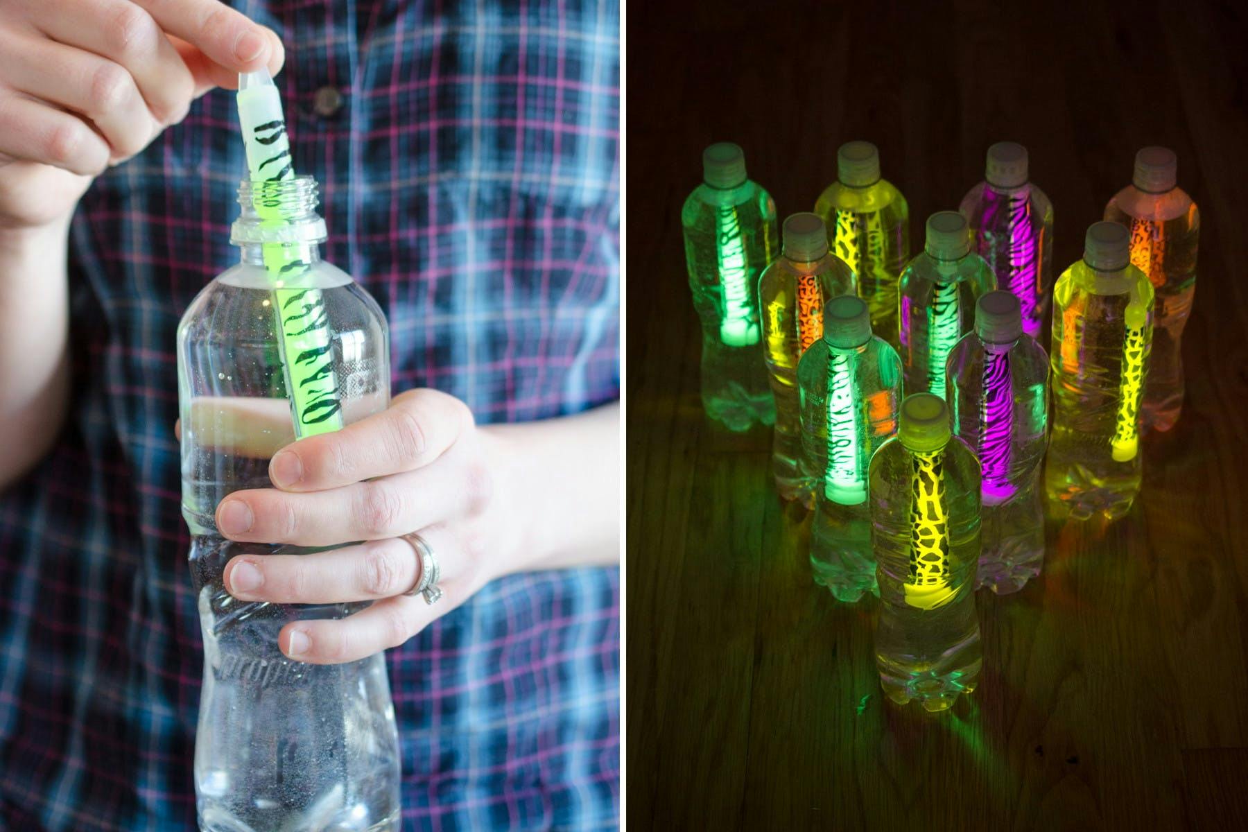 Someone sticking a glow stick into a water bottle, and 10 completed glowing bottles lined up in a dark hallway as diy bowling pins