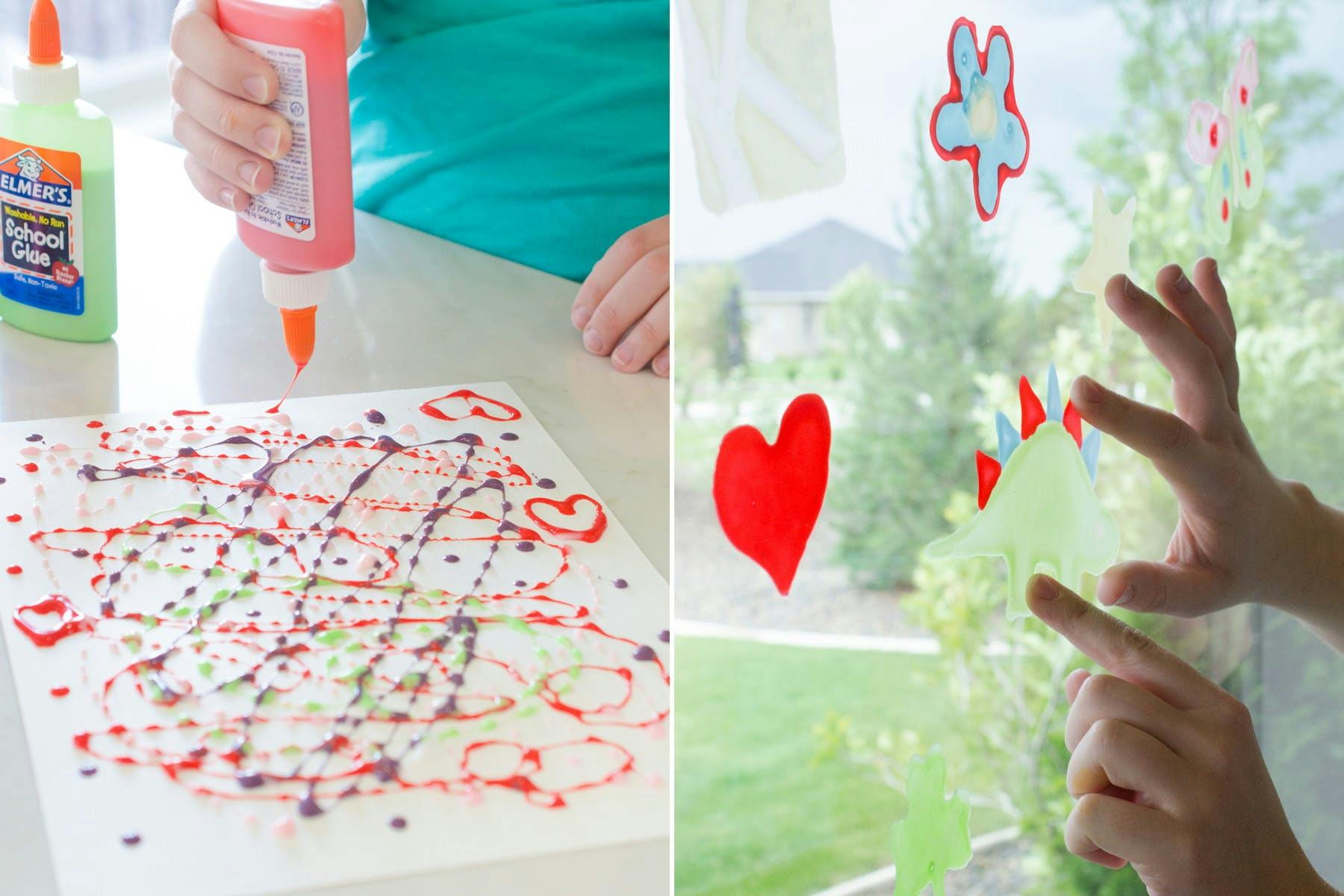 A child squeezing koolaid glue mixture onto some paper, and applying the finished clings to the window