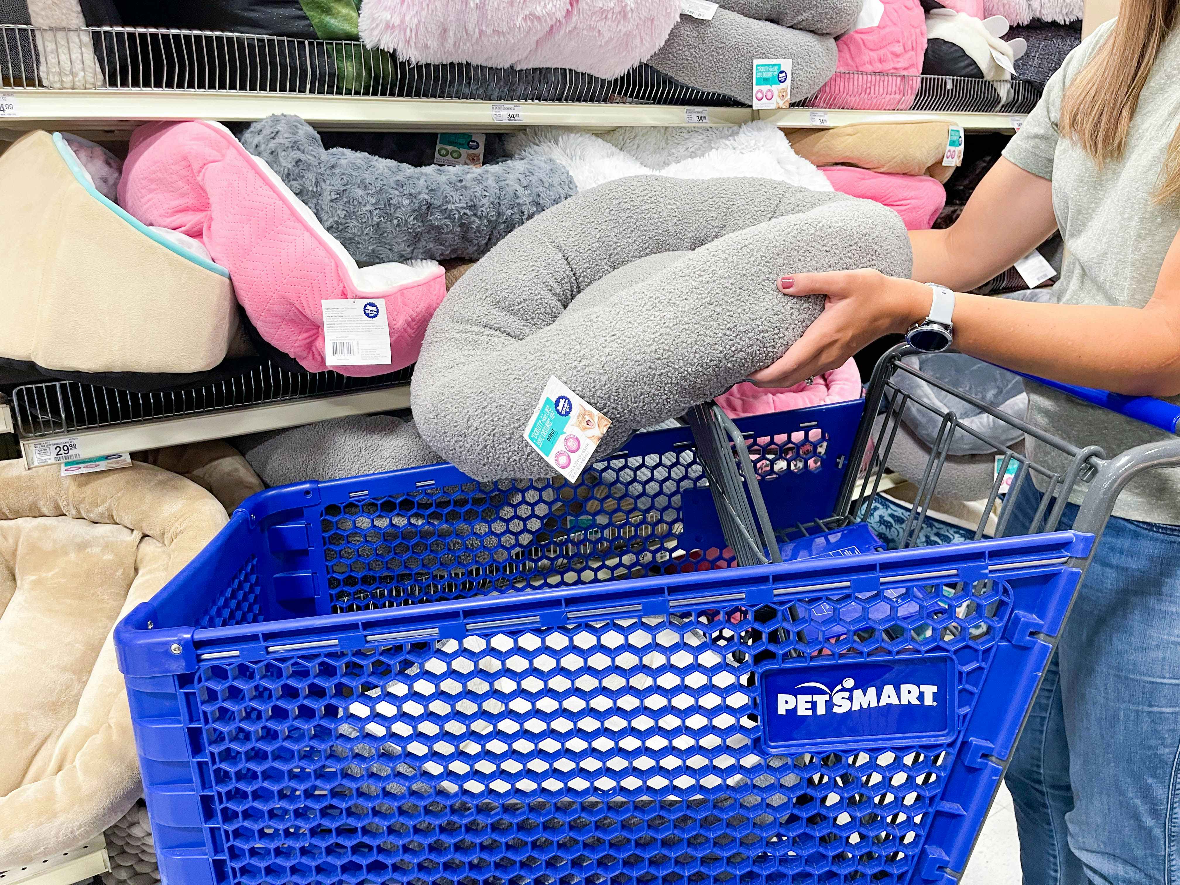 a woman putting a cat bed in a cart