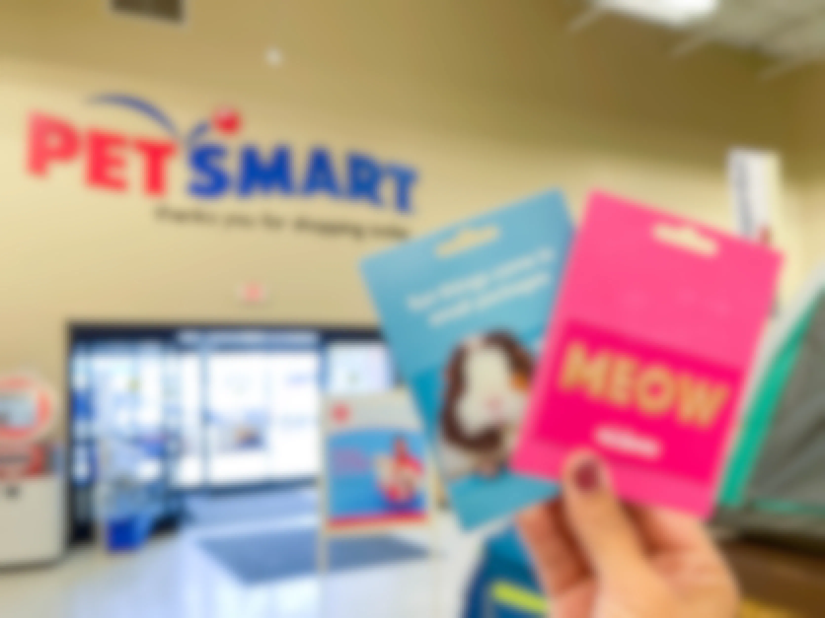 Two PetSmart gift cards being held up inside a PetSmart store, just inside the front door, with the PetSmart logo on the wall in the background.