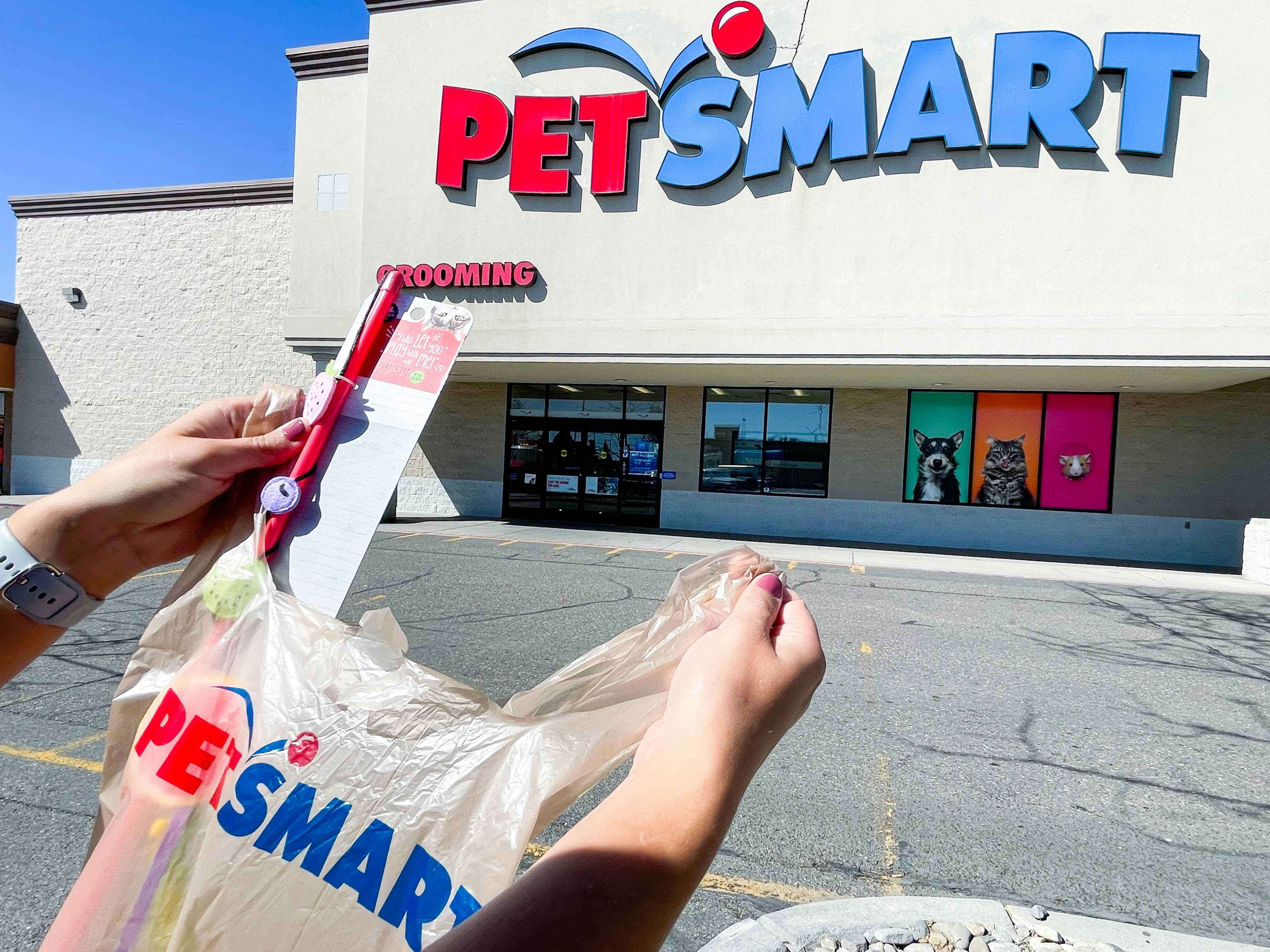 a person pulling a cat toy out of a petsmart bag into of a store