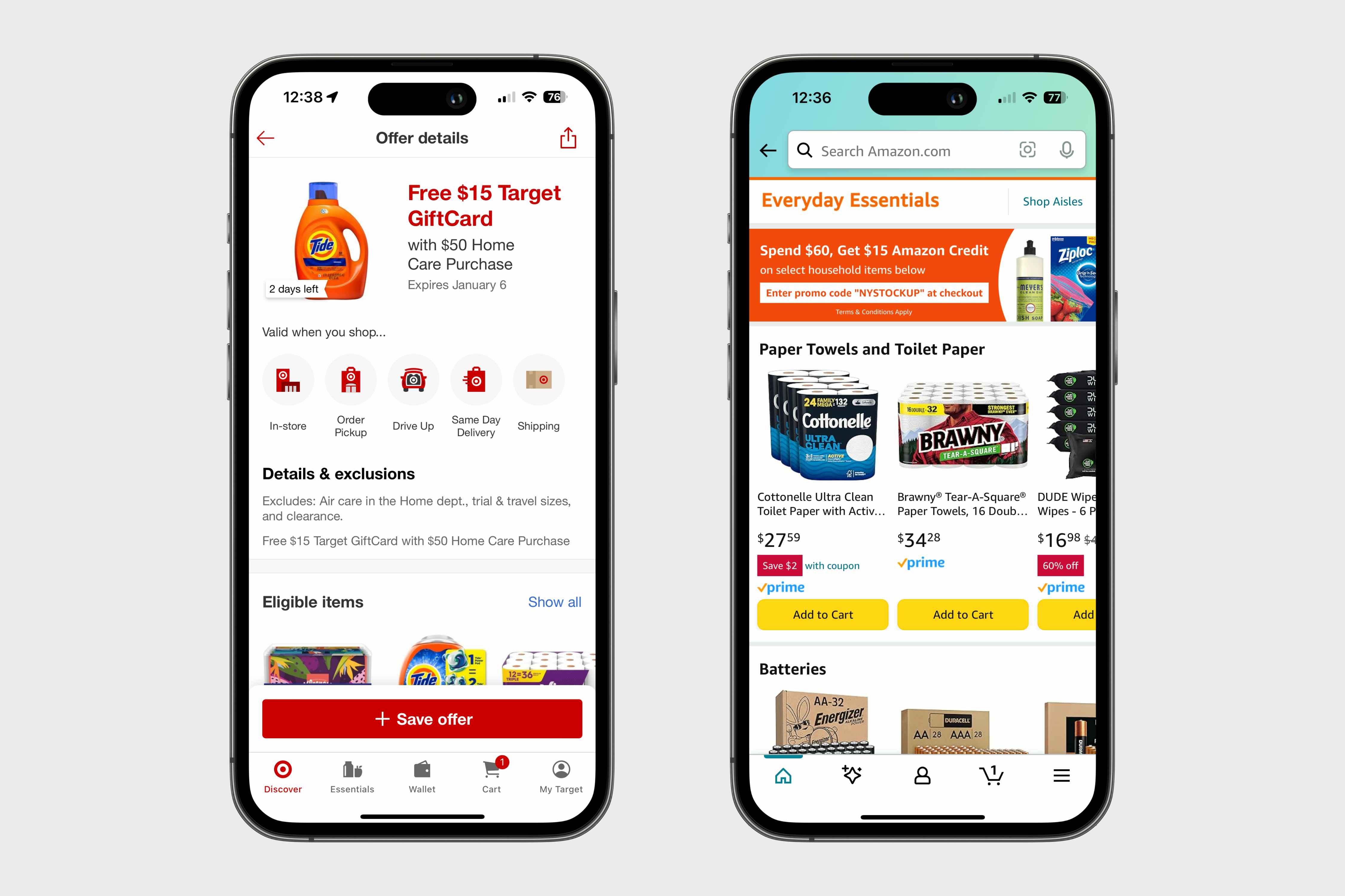 two phones, one showing a target gift card offer and the other showing a similar amazon credit offer