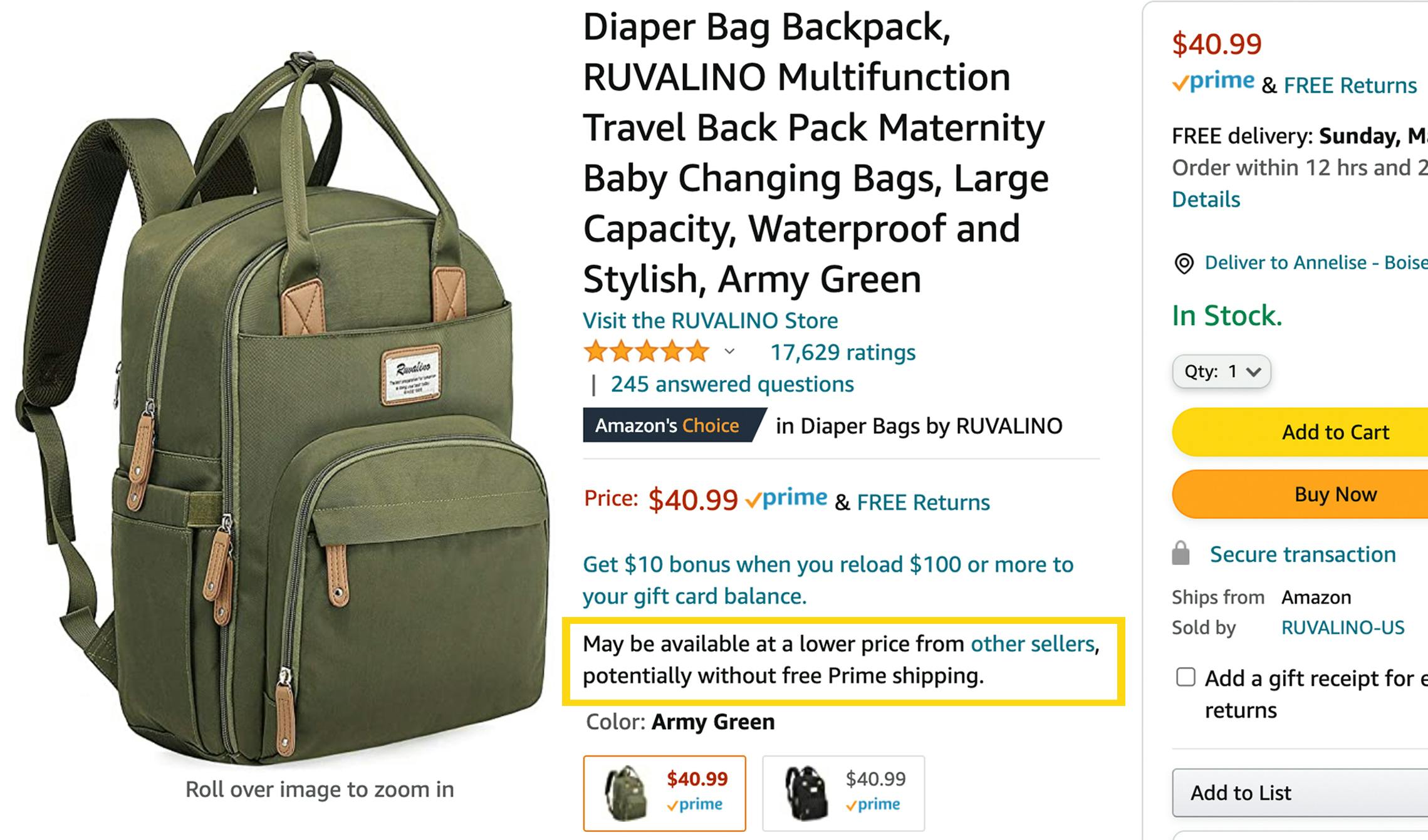 a diaper backpack product listing on Amazon with the section "may be available at a lower price from other retailers" section highlighted on the page