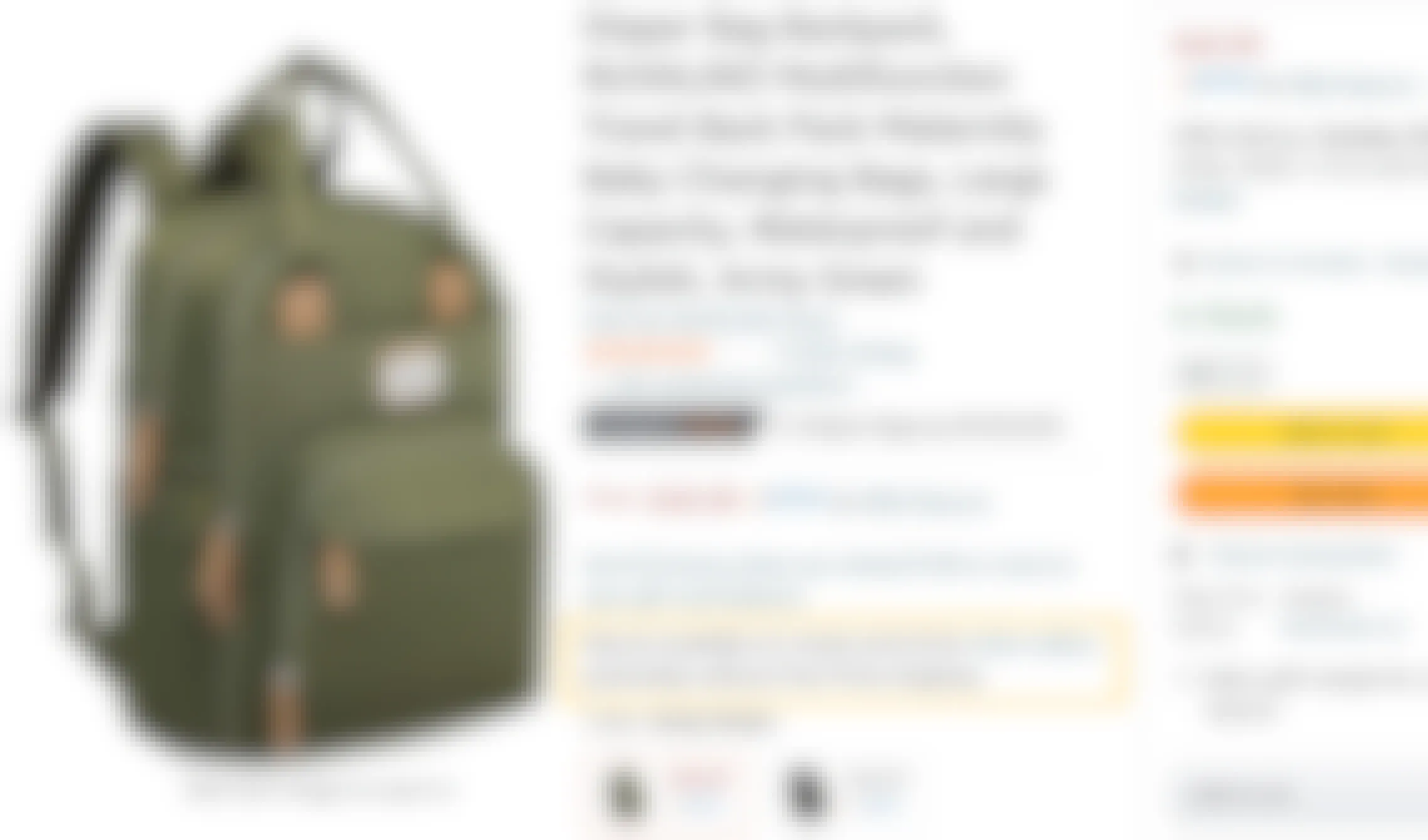 a diaper backpack product listing on Amazon with the section "may be available at a lower price from other retailers" section highlighted on the page