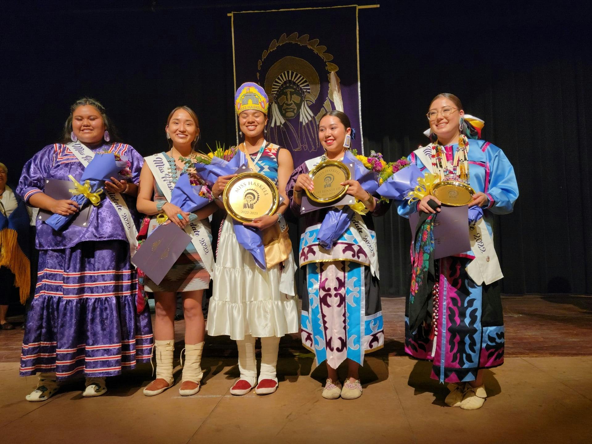 A group of students from the Miss Haskell event at Haskell Indian Nations University.
