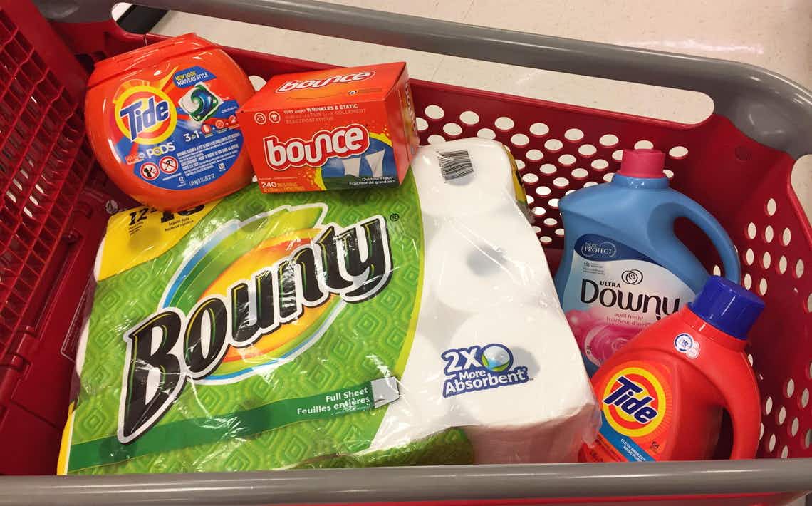 Target cart with Bounty, Tide and Downy products