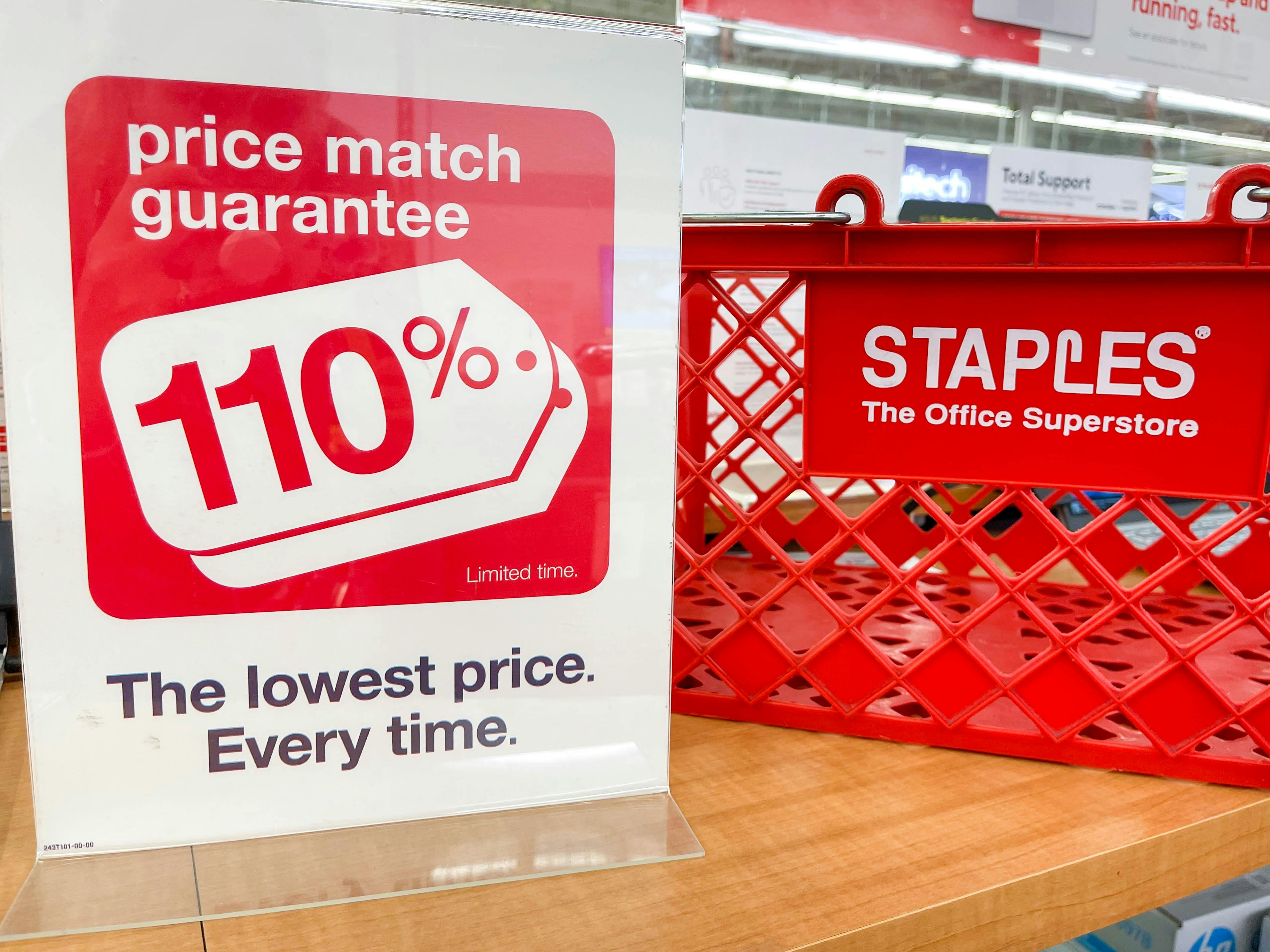 price match guarantee signage in front of staples basket