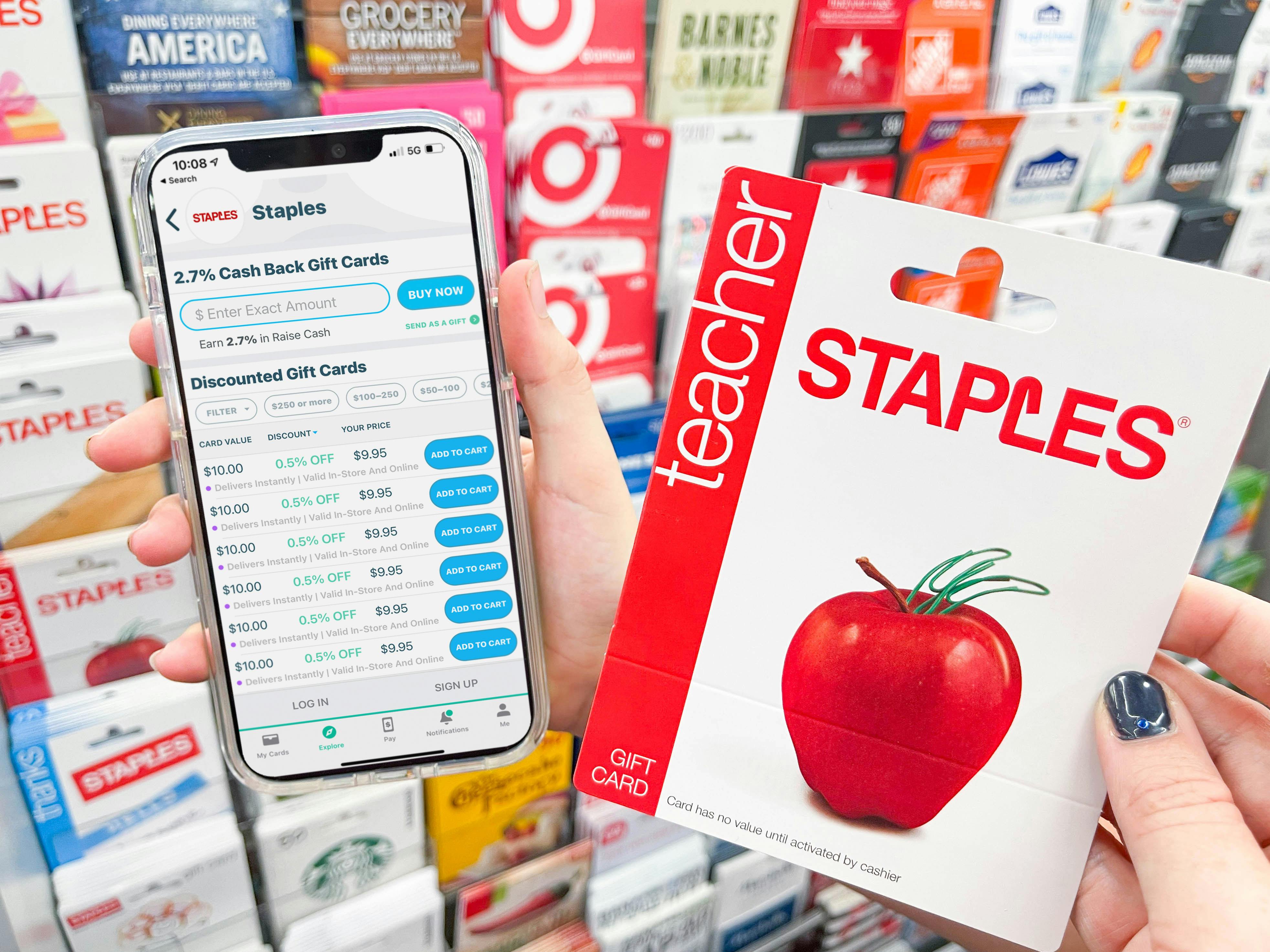 cell phone with Raise app on cellphone with staples gift card