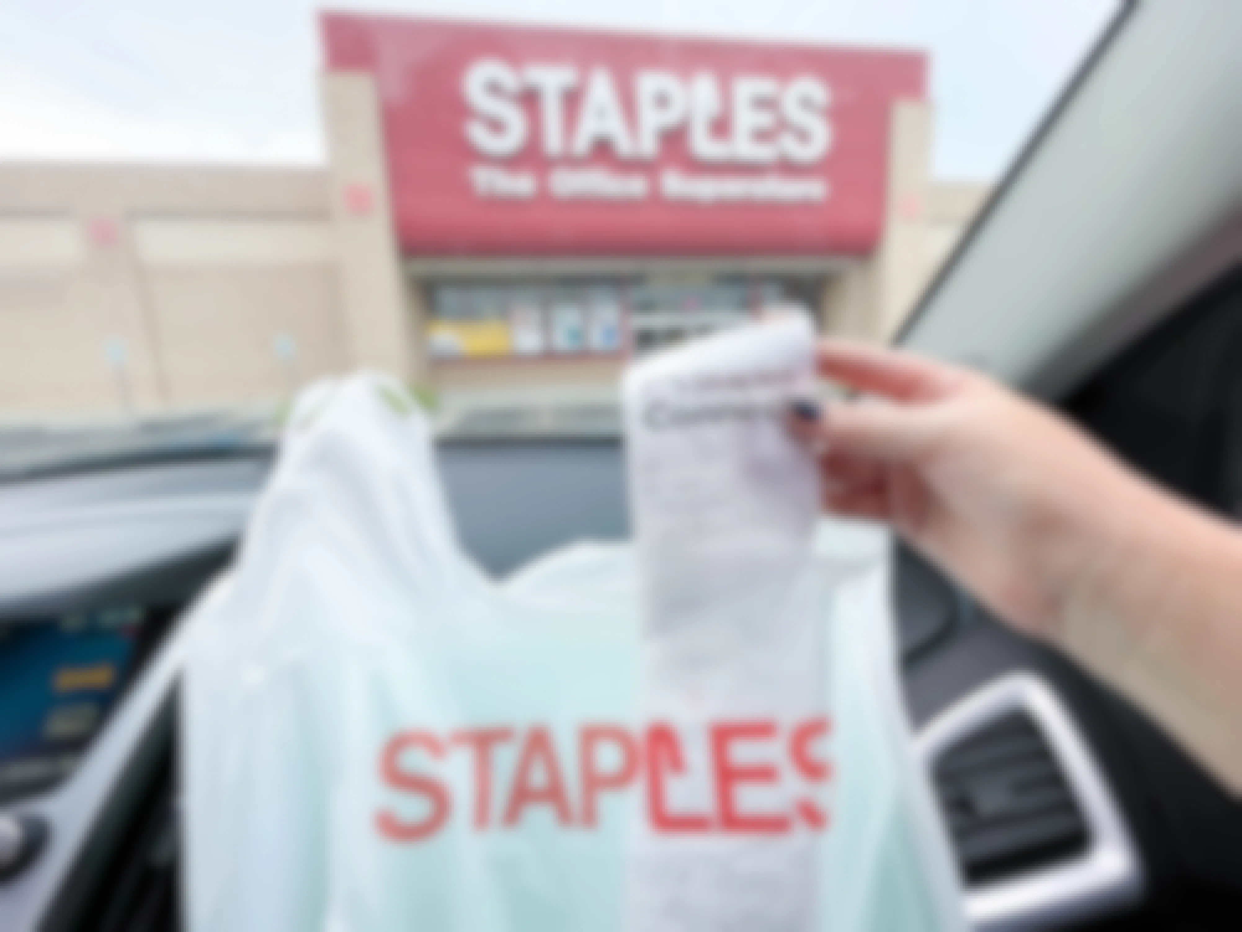 staples receipt being pulled out of staples bag in car parked at staples